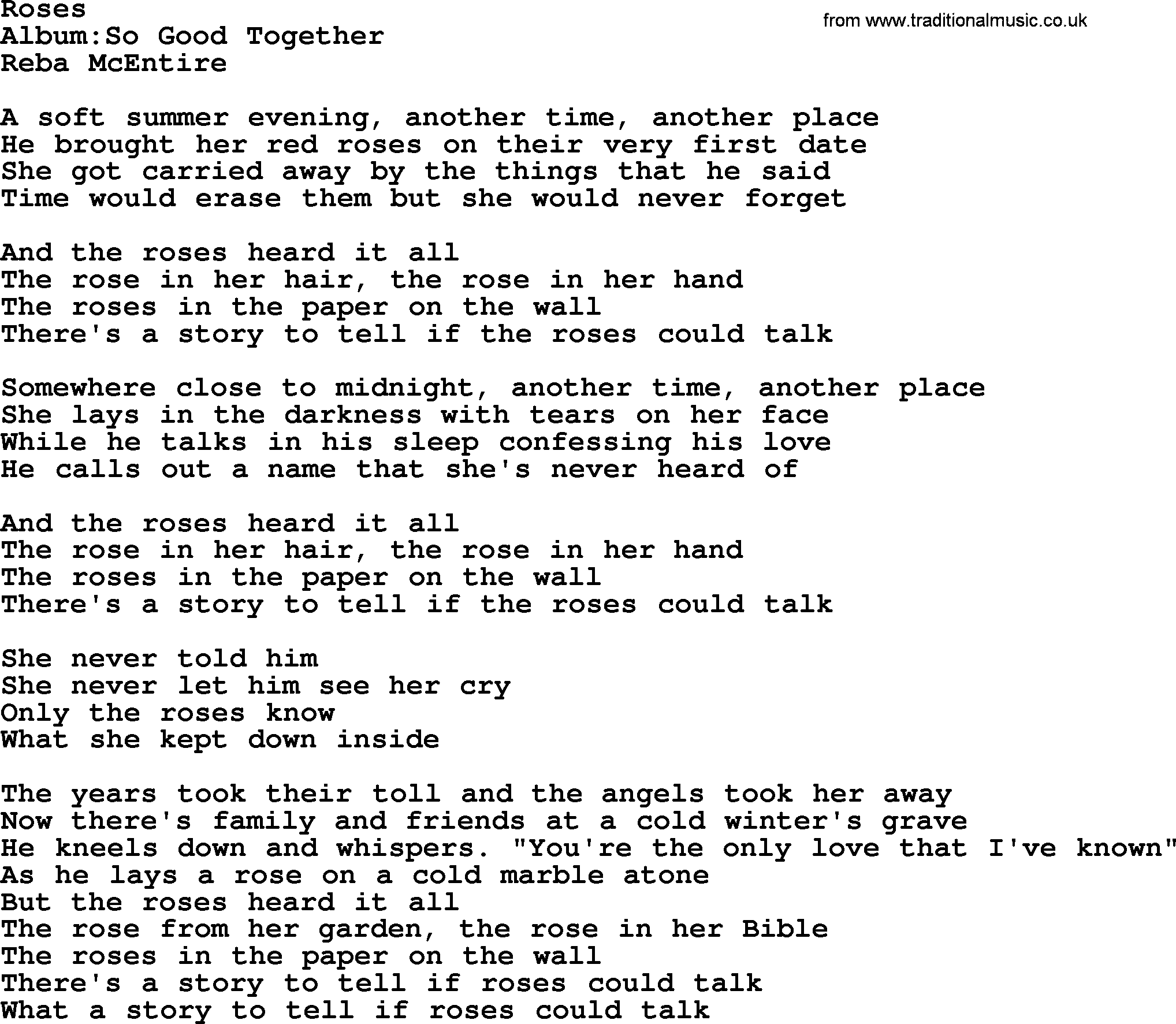 Reba McEntire song: Roses lyrics