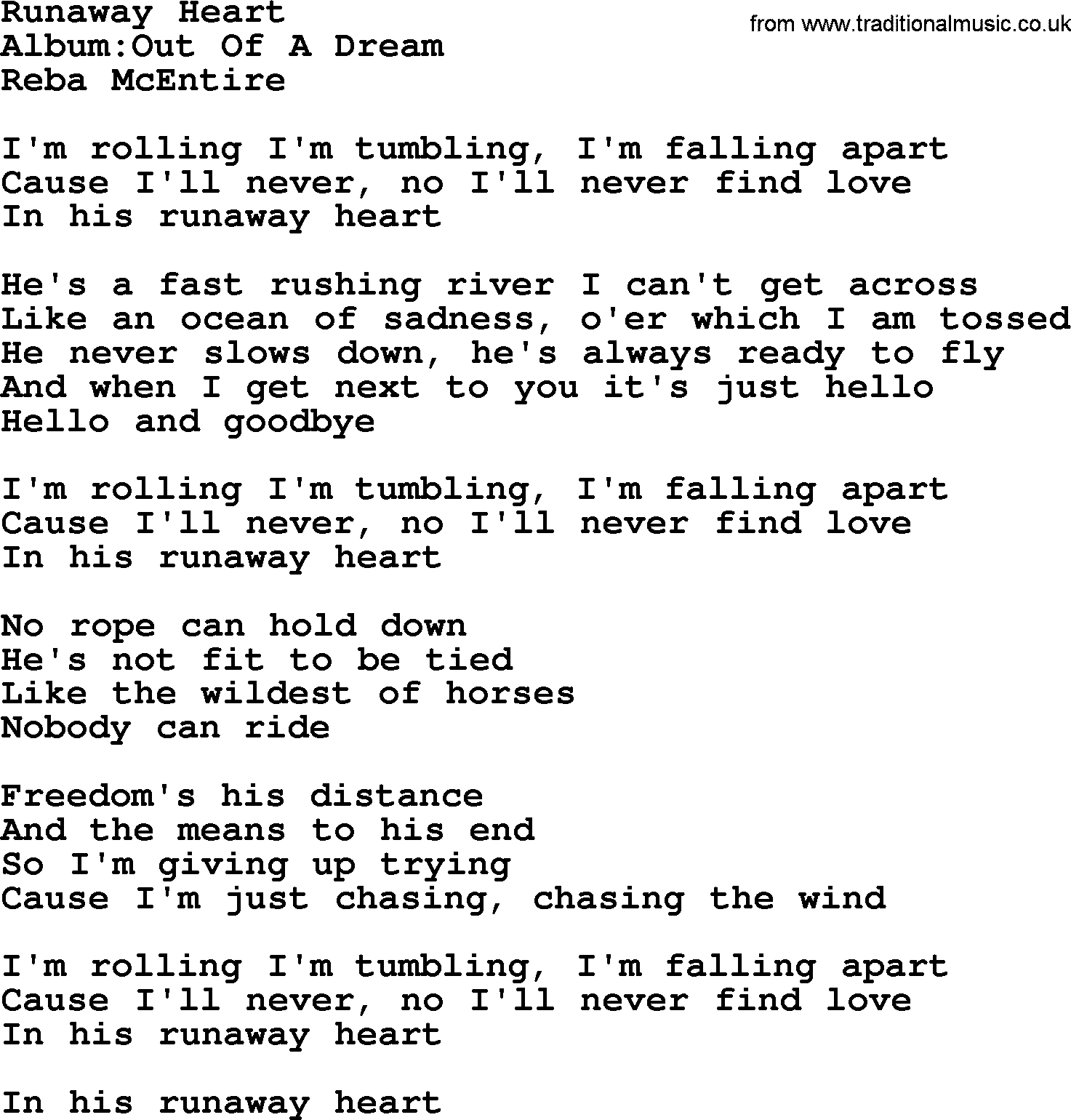 Reba McEntire song: Runaway Heart lyrics