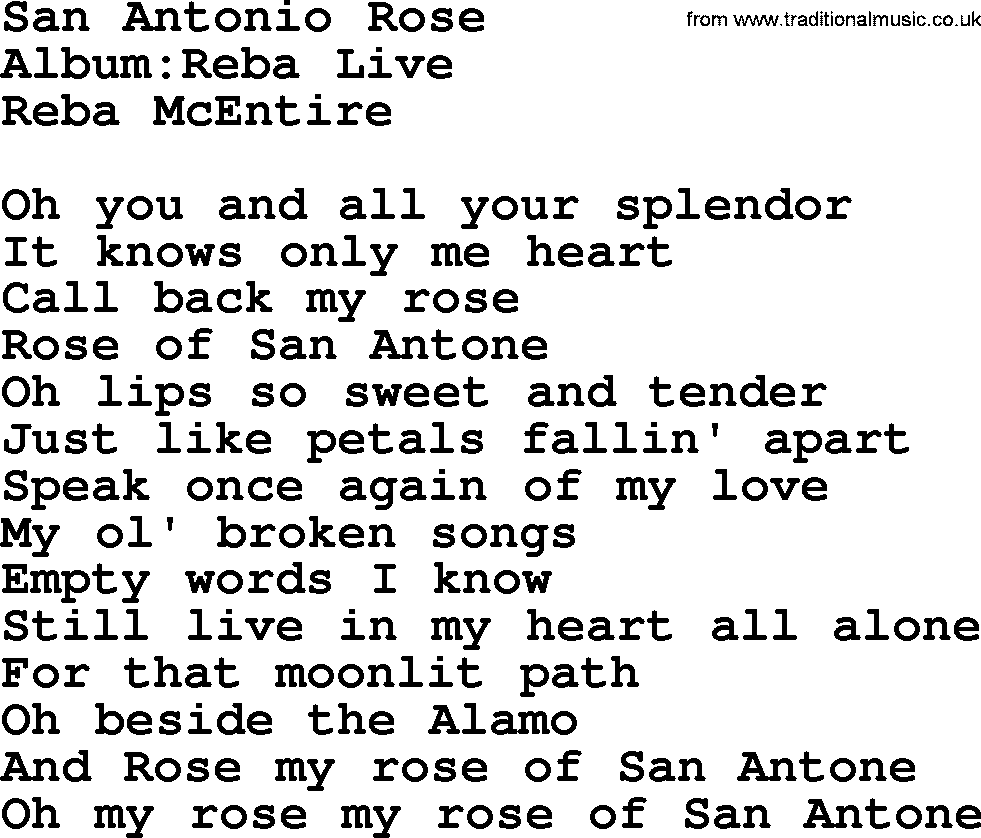 Reba McEntire song: San Antonio Rose lyrics