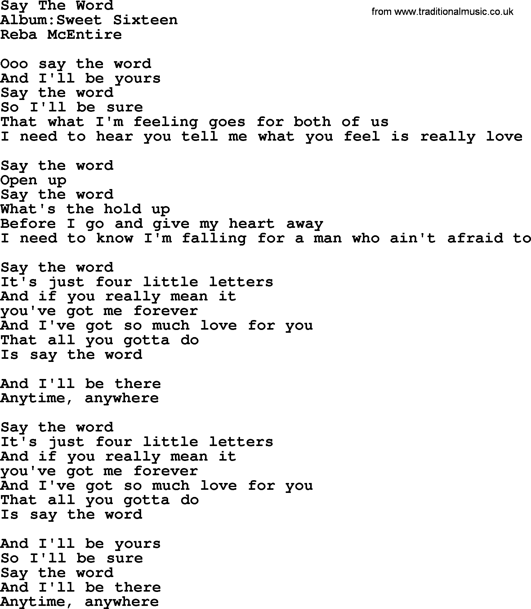 Reba McEntire song: Say The Word lyrics