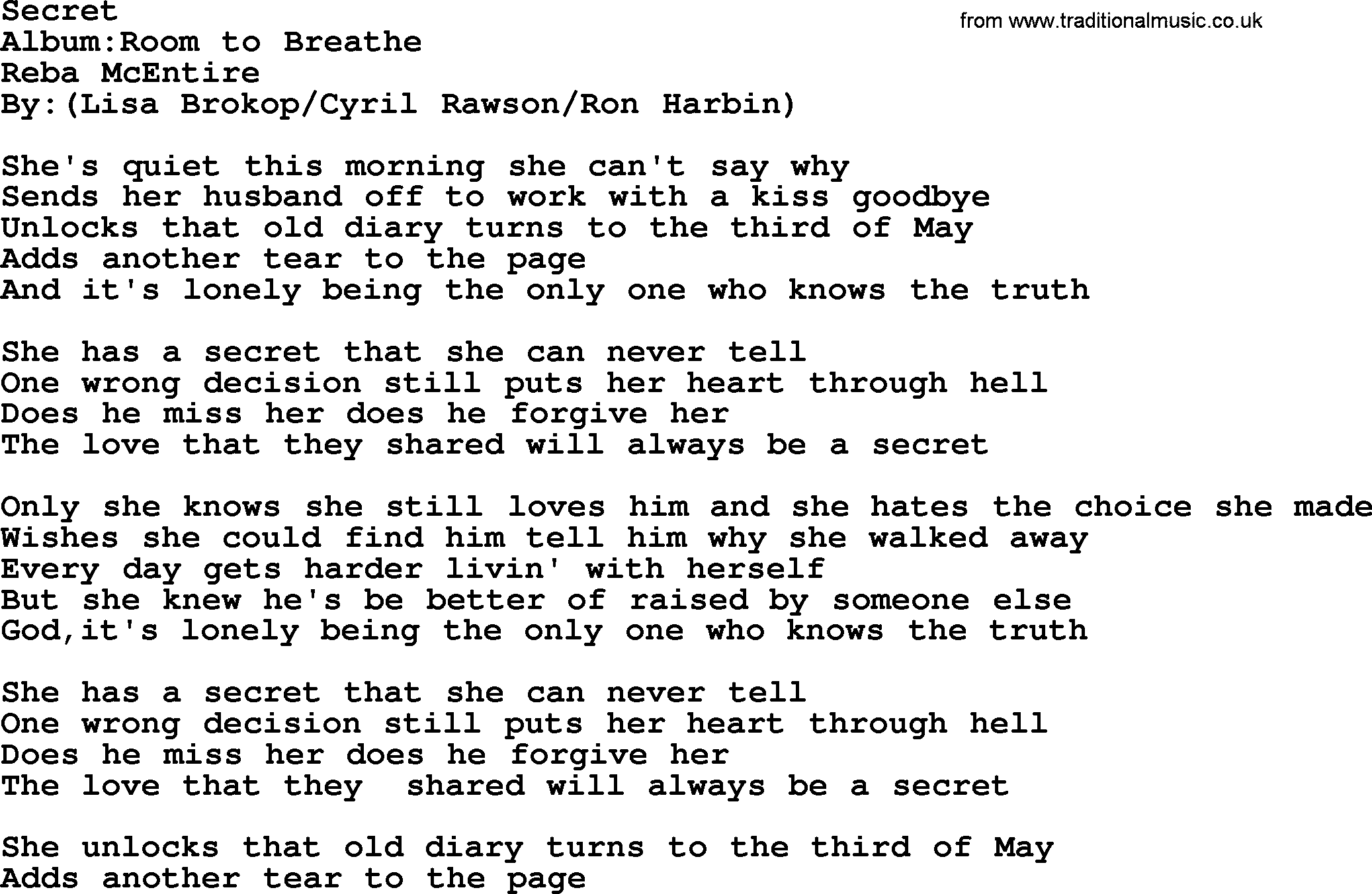 Reba McEntire song: Secret lyrics