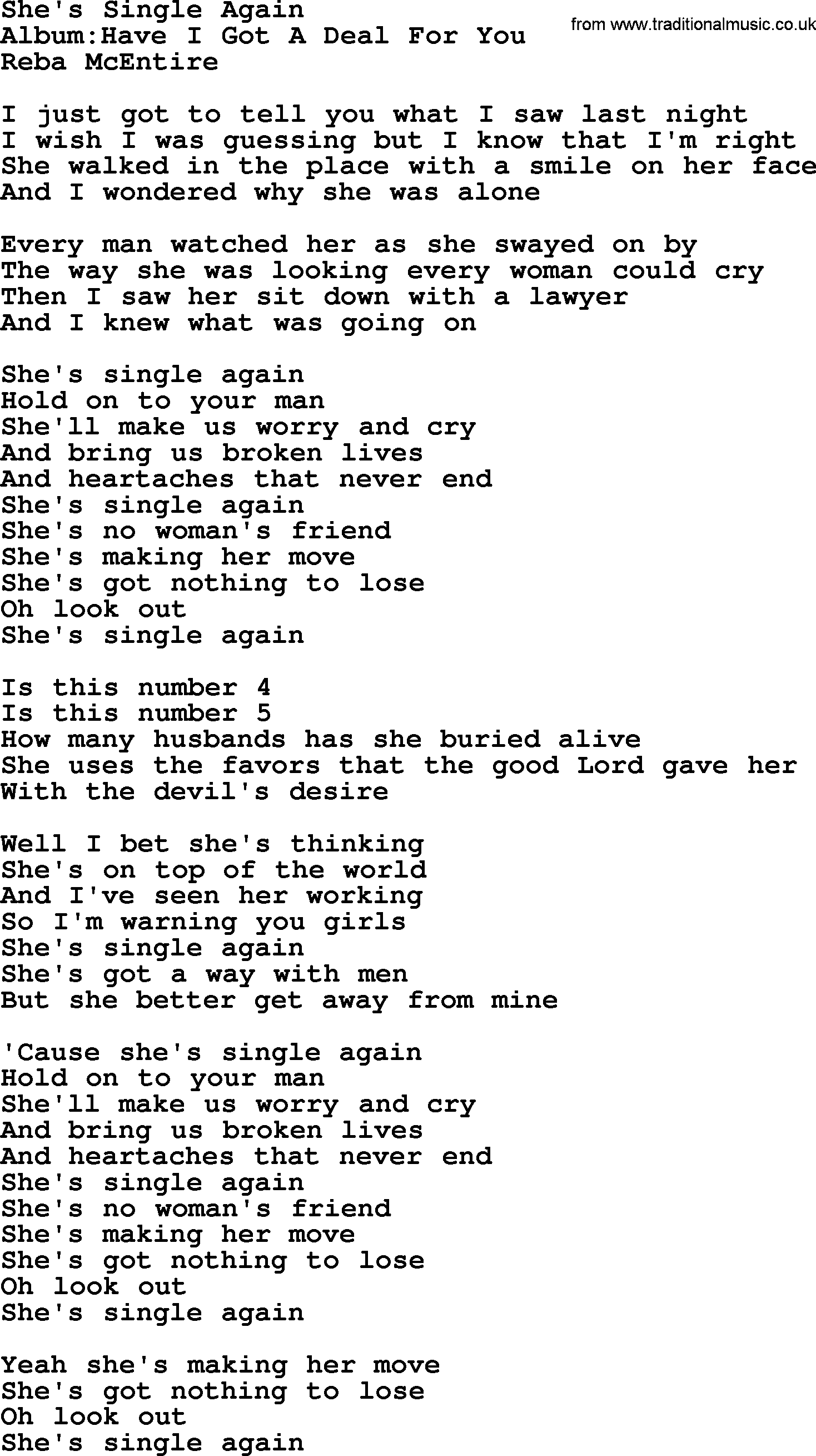 Reba McEntire song: She's Single Again lyrics