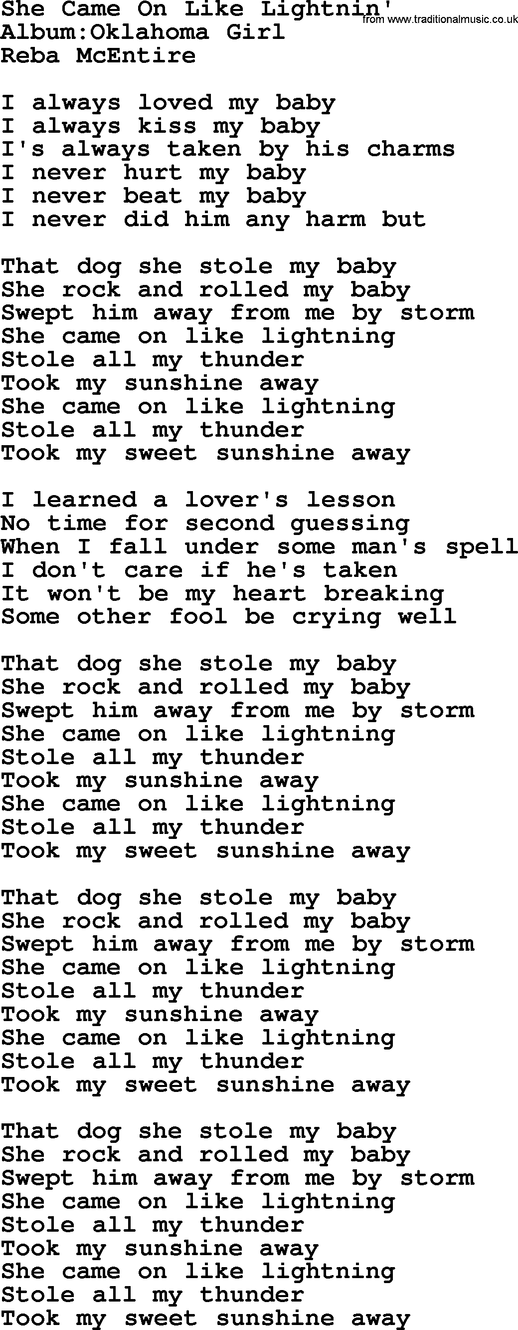 Reba McEntire song: She Came On Like Lightnin' lyrics