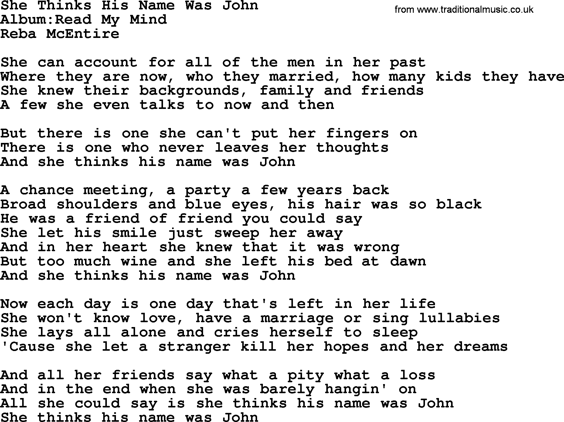 Reba McEntire song: She Thinks His Name Was John lyrics