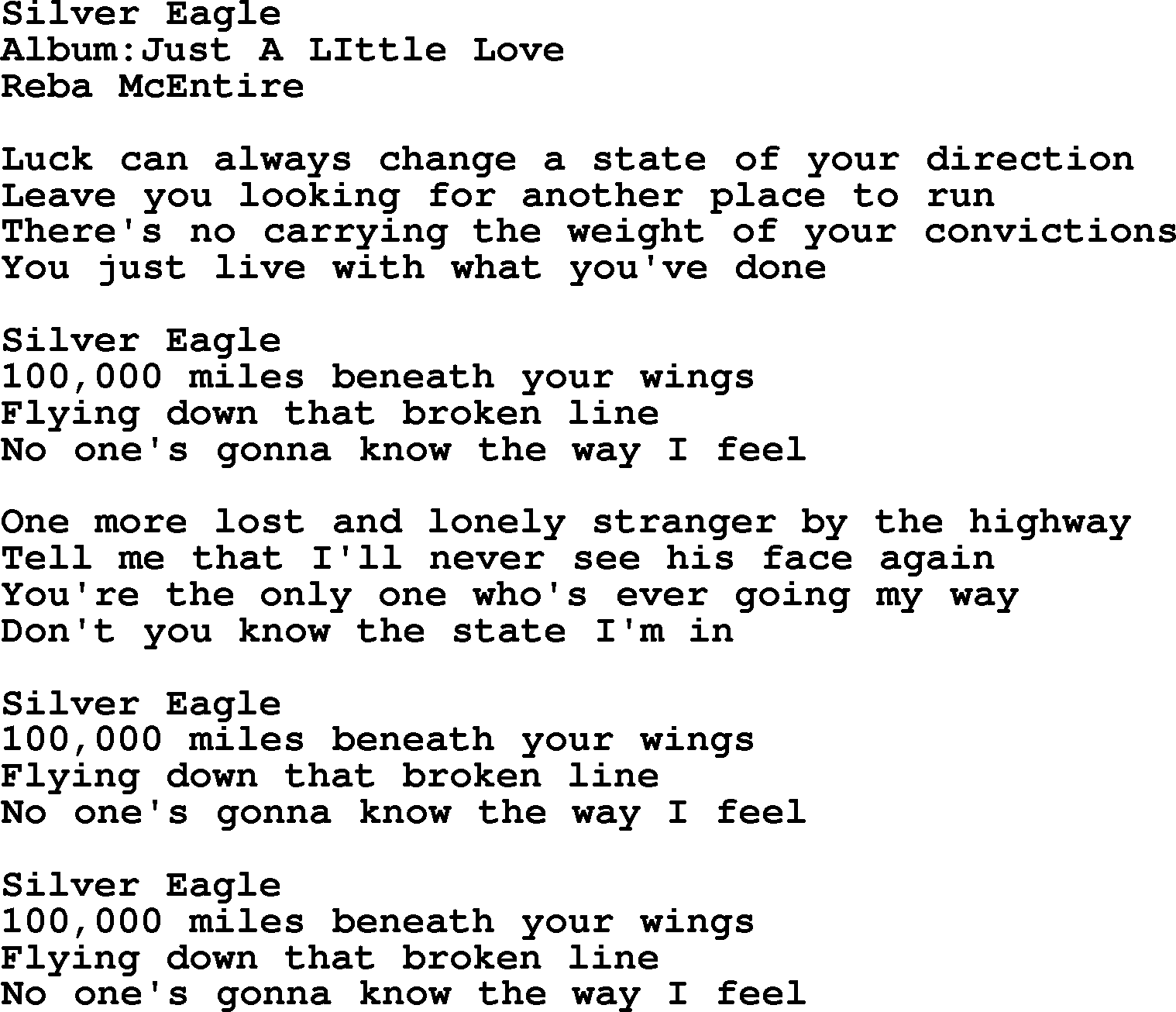 Reba McEntire song: Silver Eagle lyrics