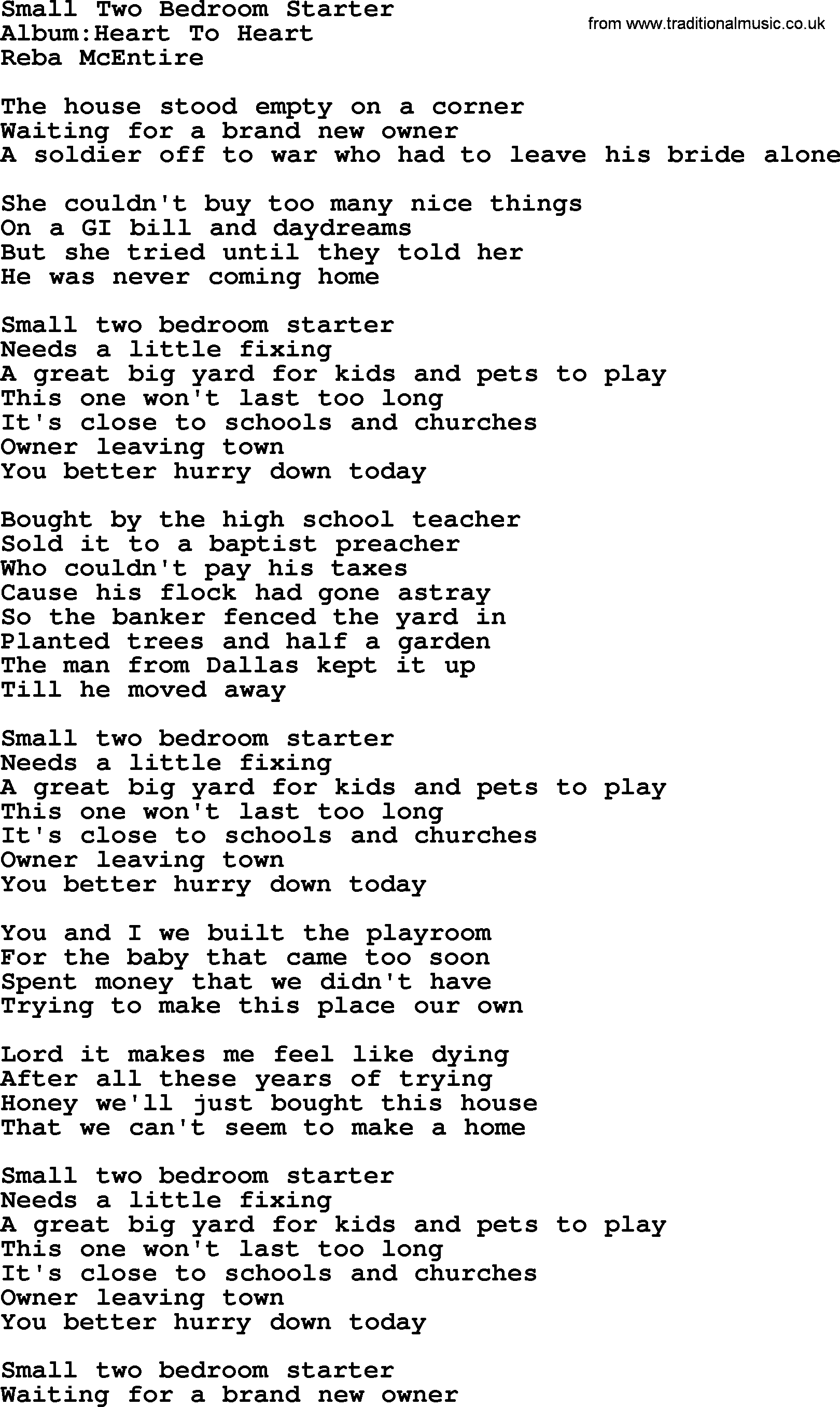 Reba McEntire song: Small Two Bedroom Starter lyrics