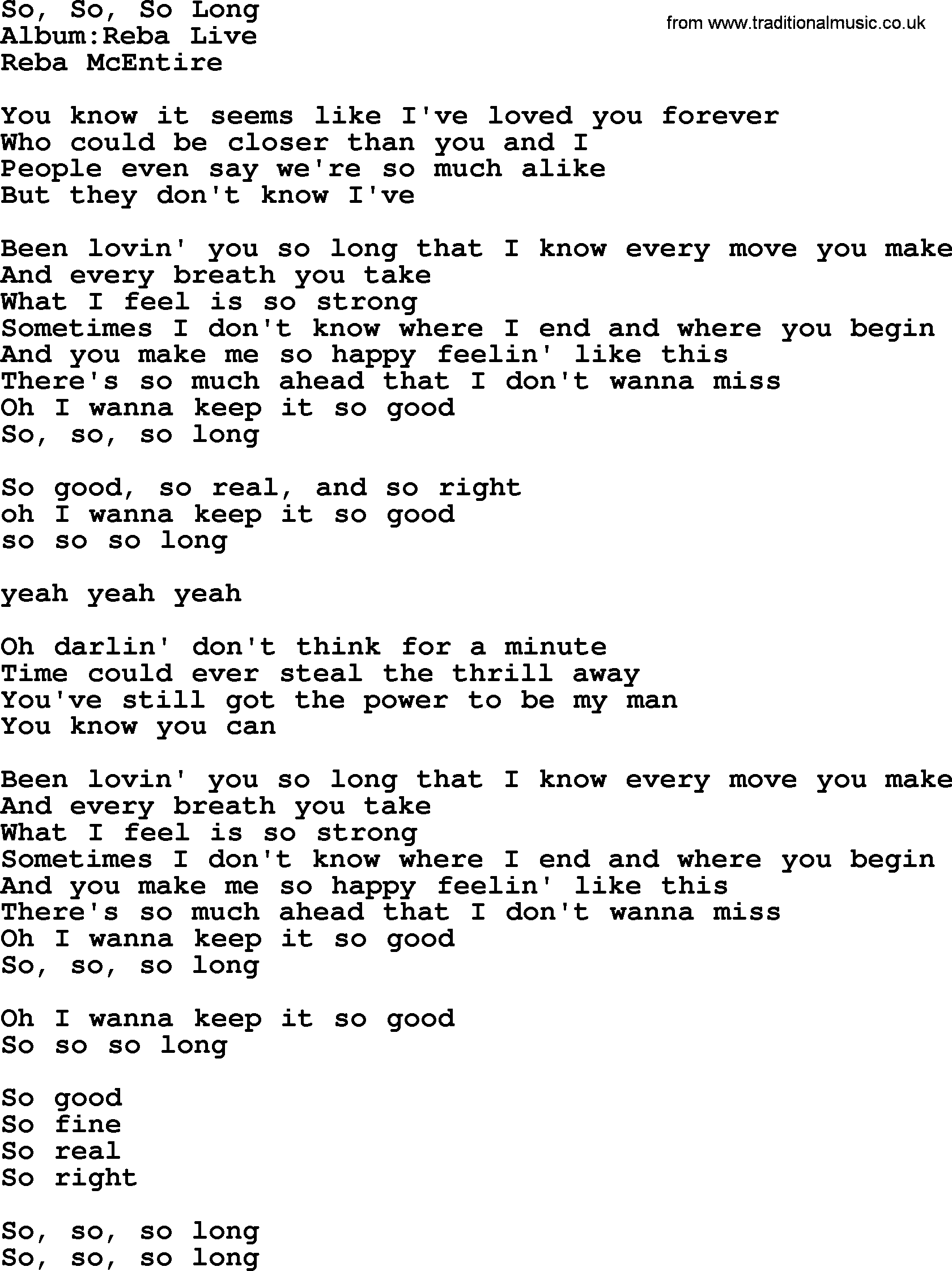 Reba McEntire song: So, So, So Long lyrics