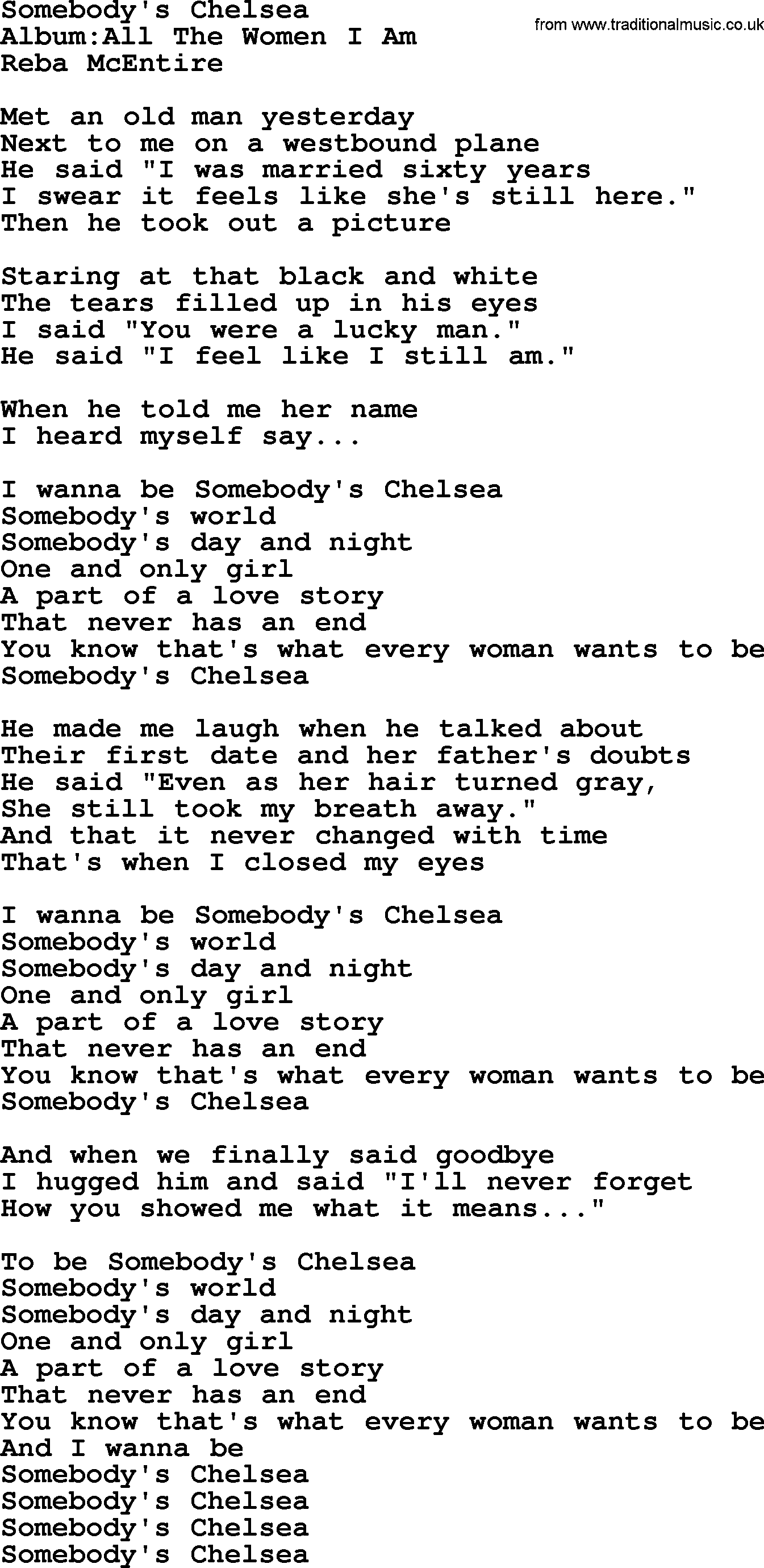 Reba McEntire song: Somebody's Chelsea lyrics