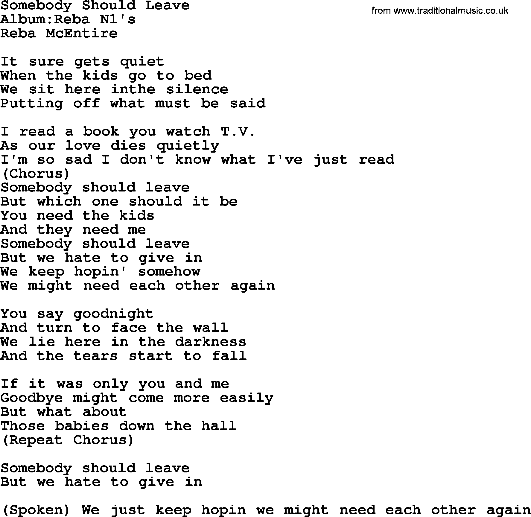 Reba McEntire song: Somebody Should Leave lyrics