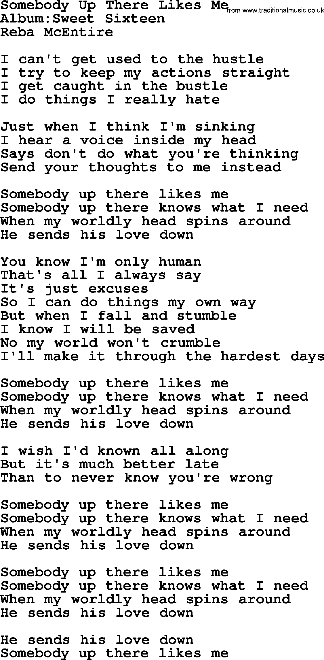 Reba McEntire song: Somebody Up There Likes Me lyrics