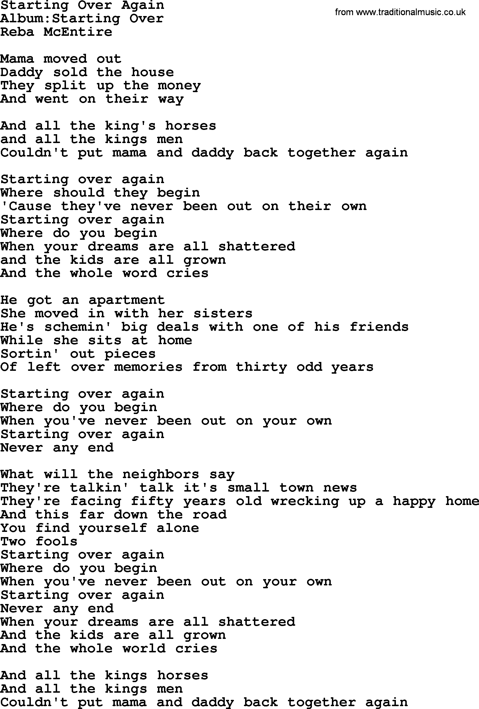 Reba McEntire song: Starting Over Again lyrics