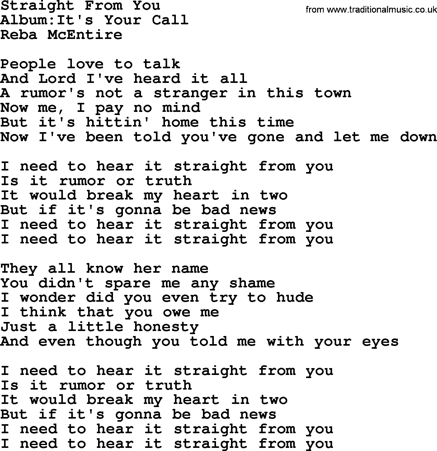 Reba McEntire song: Straight From You lyrics