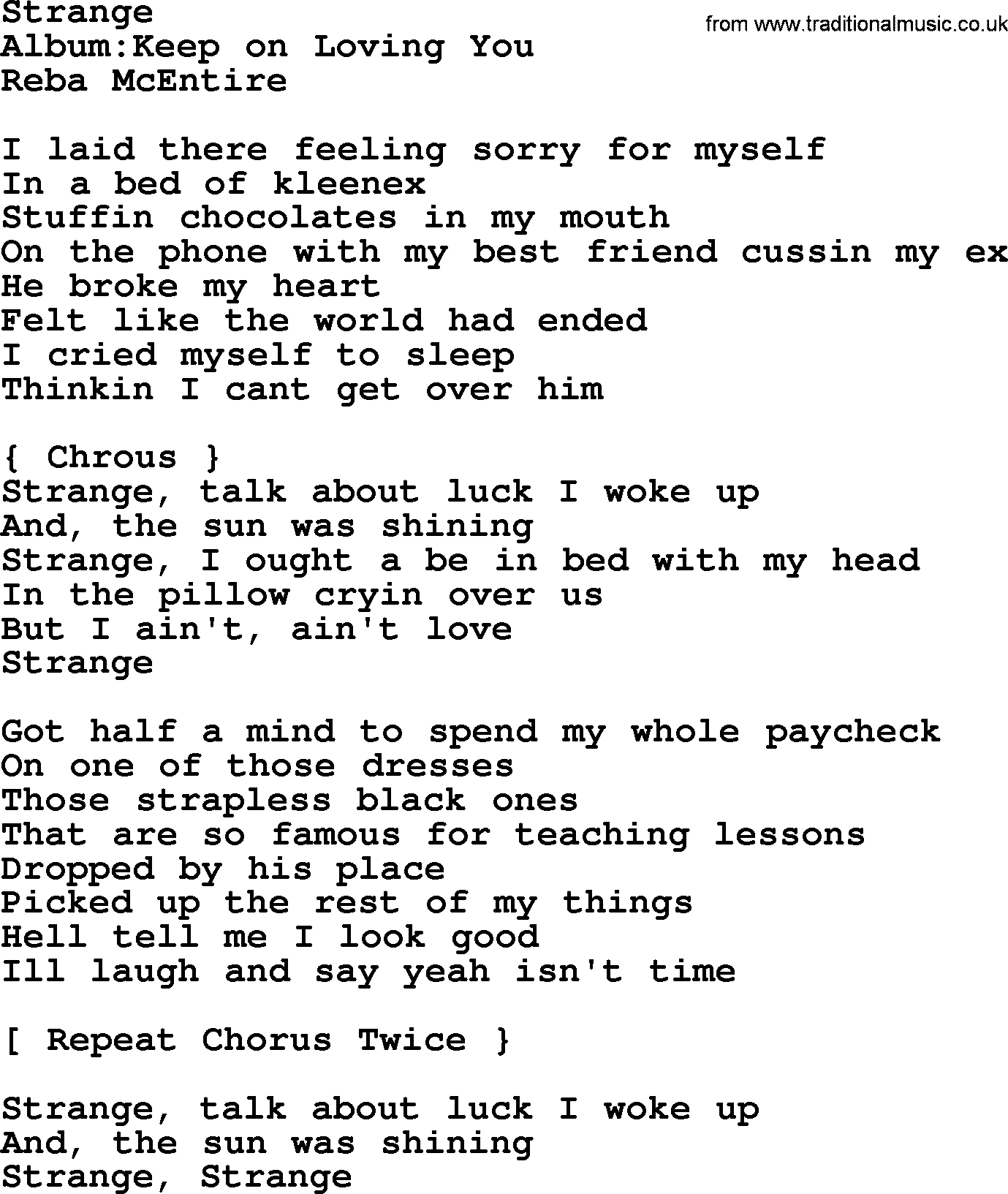 Reba McEntire song: Strange lyrics
