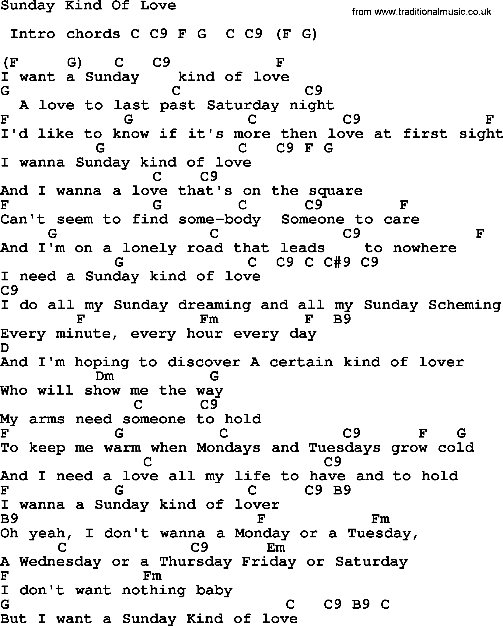Reba McEntire song: Sunday Kind Of Love, lyrics and chords