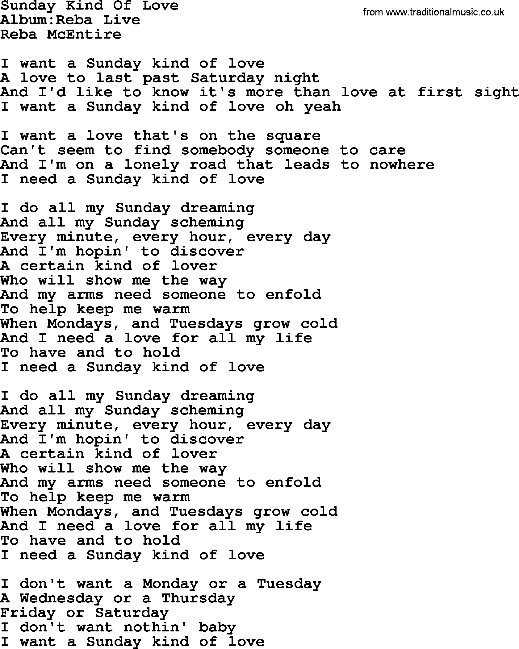 Reba McEntire song: Sunday Kind Of Love lyrics