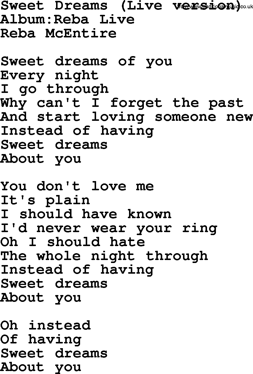Reba McEntire song: Sweet Dreams (Live) lyrics