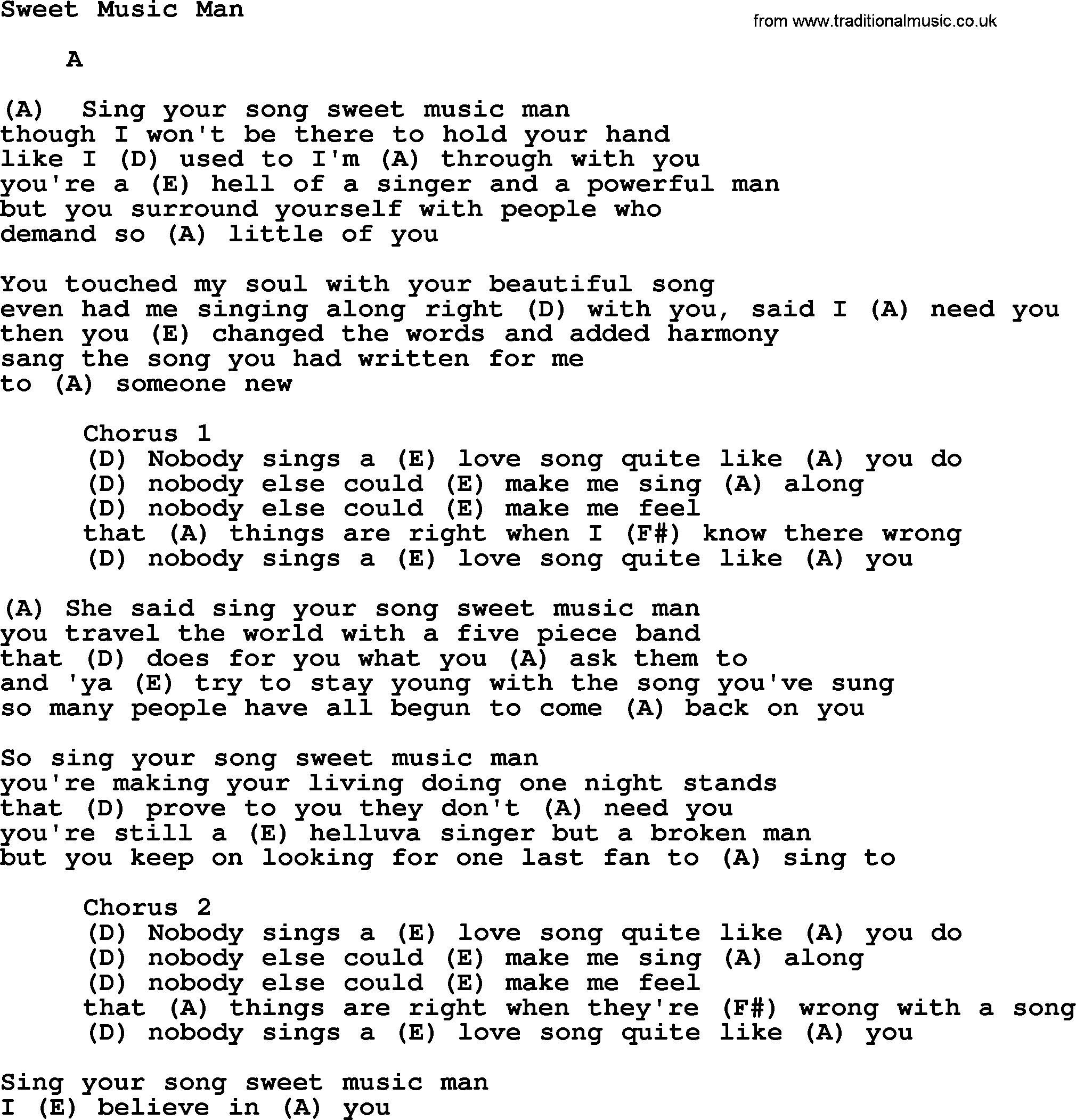 Reba McEntire song: Sweet Music Man, lyrics and chords