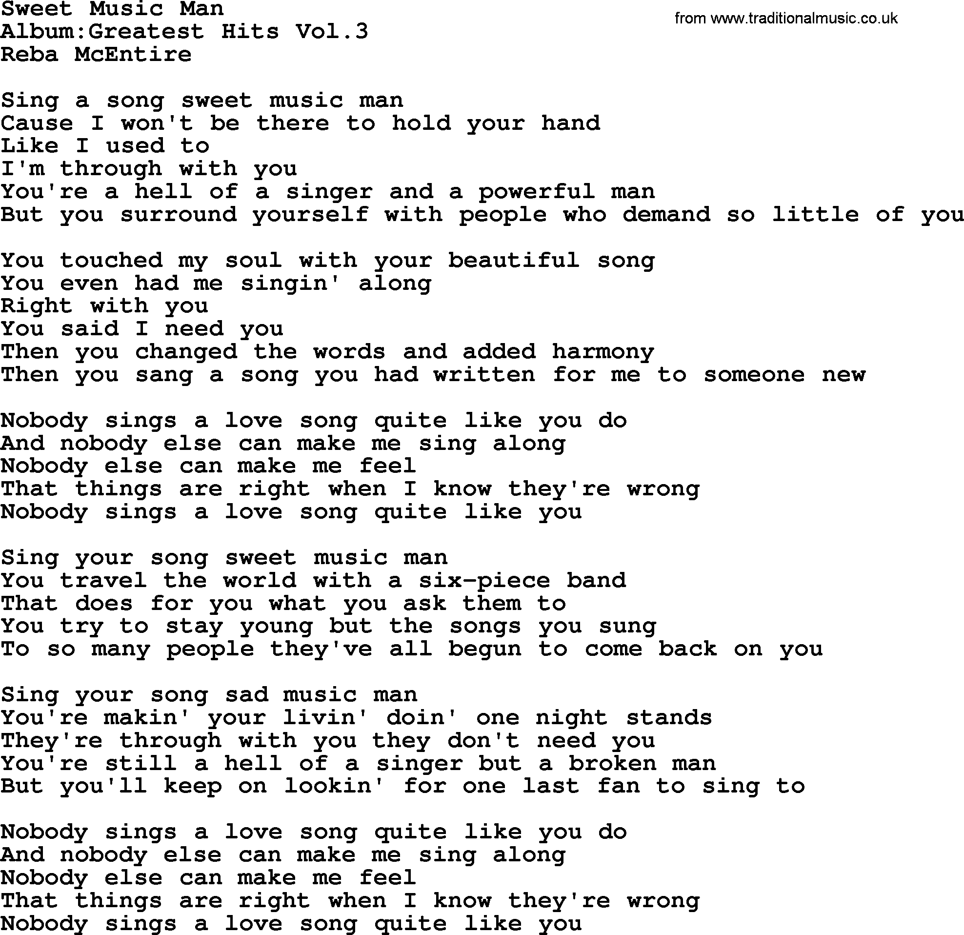 Reba McEntire song: Sweet Music Man lyrics