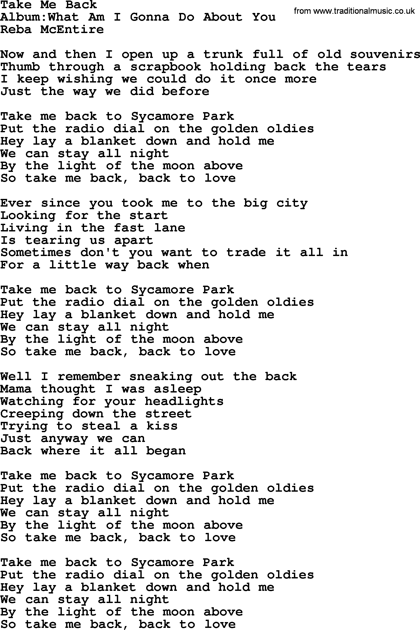 Reba McEntire song: Take Me Back lyrics