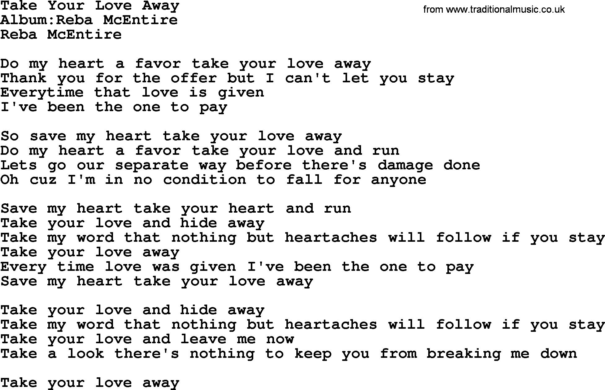 Reba McEntire song: Take Your Love Away lyrics