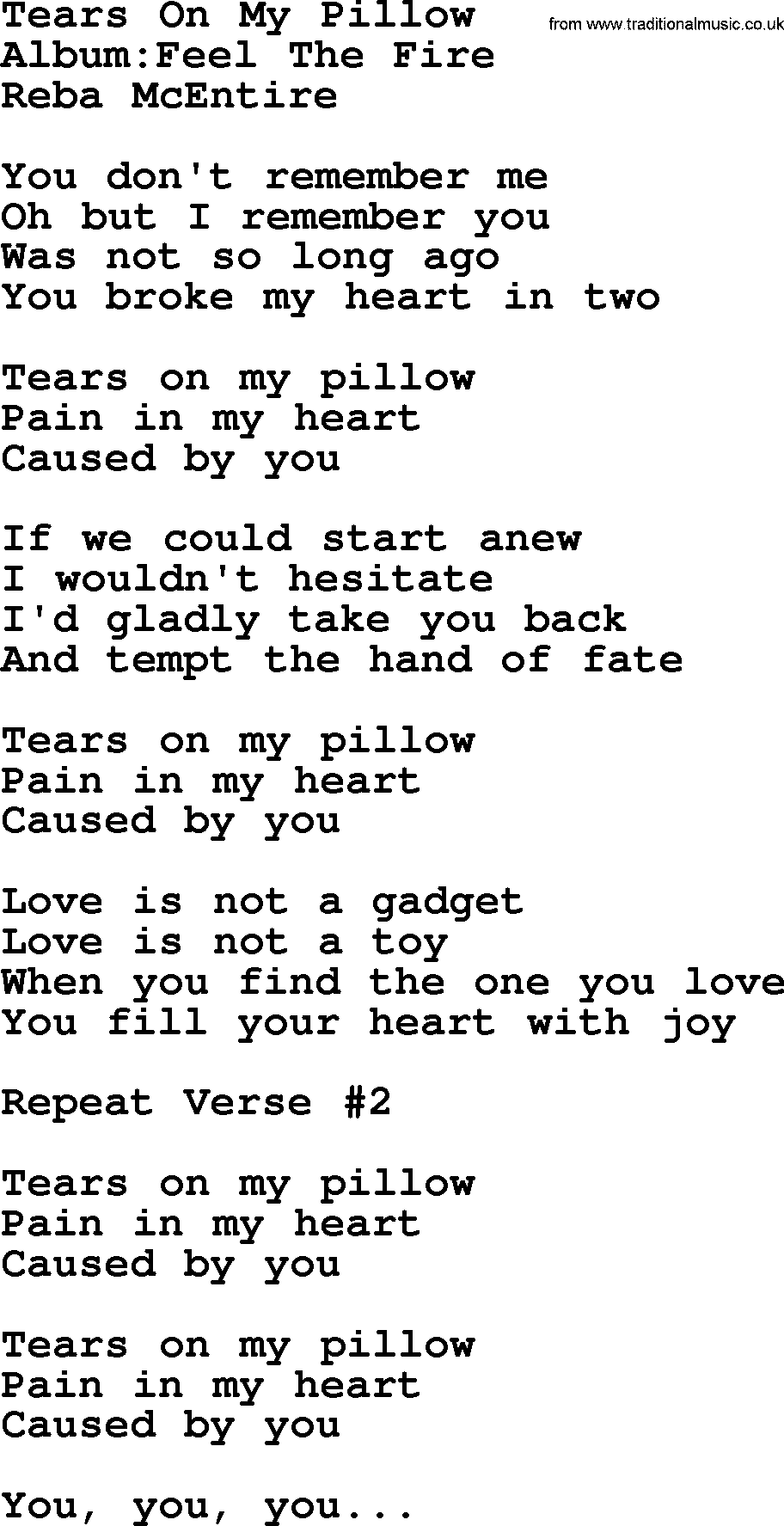 Reba McEntire song: Tears On My Pillow lyrics