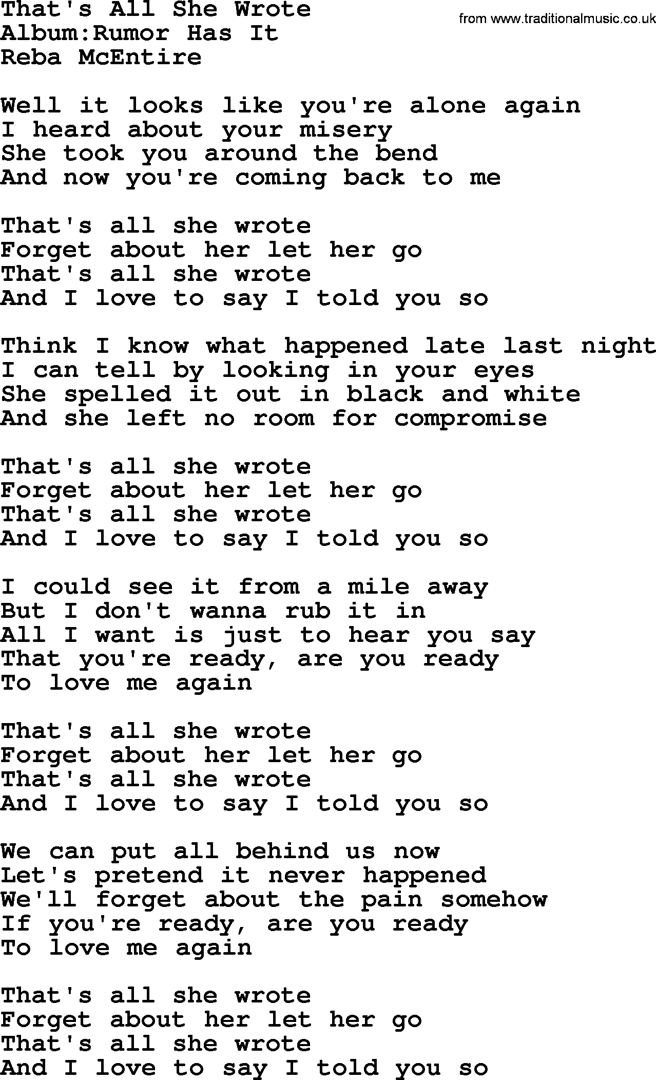 Reba McEntire song: That's All She Wrote lyrics