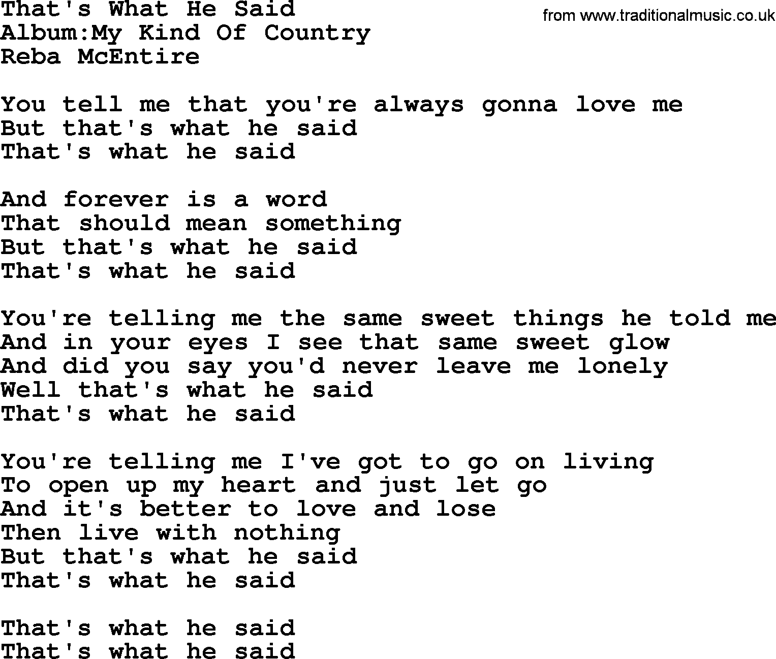 Reba McEntire song: That's What He Said lyrics