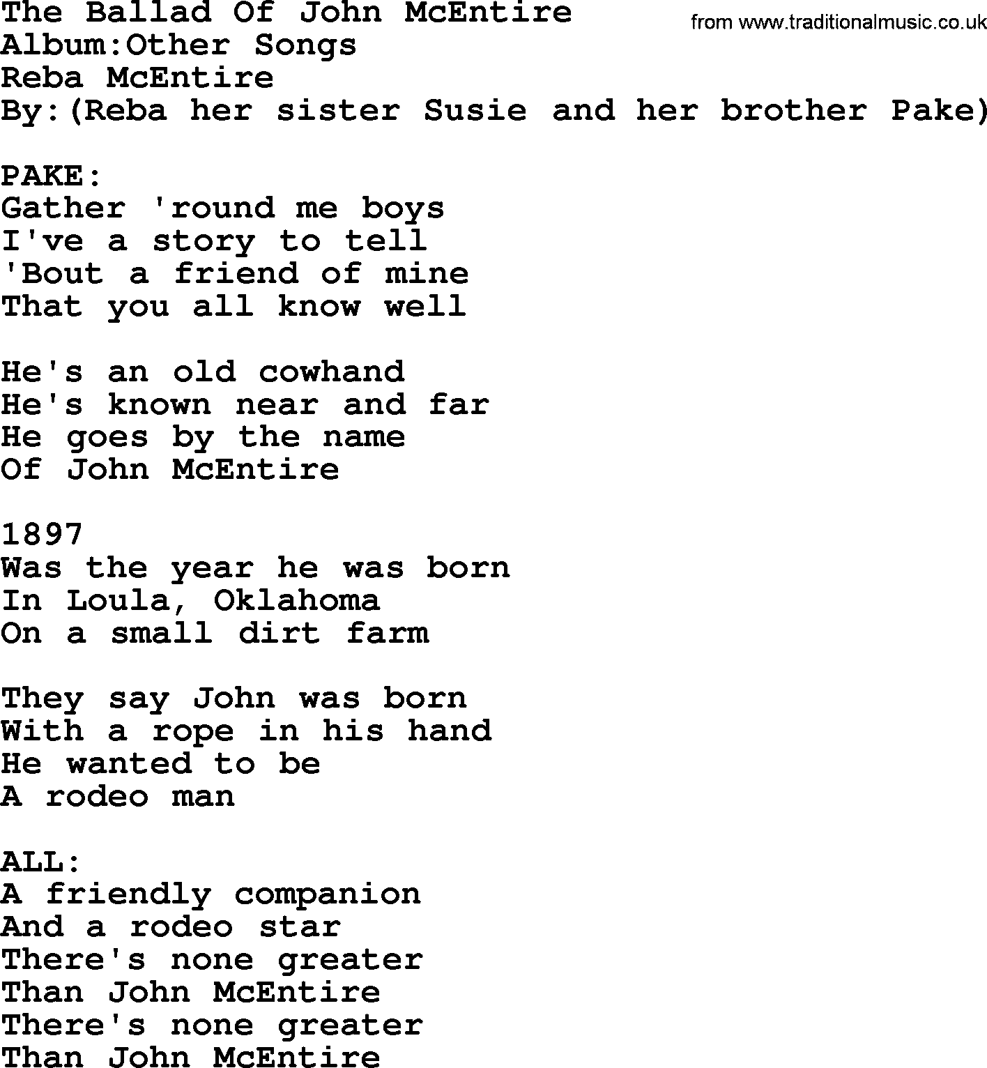Reba McEntire song: The Ballad Of John McEntire lyrics