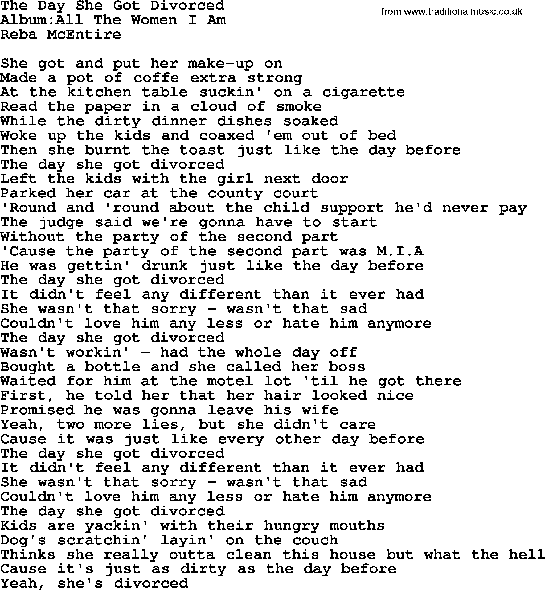 Reba McEntire song: The Day She Got Divorced lyrics