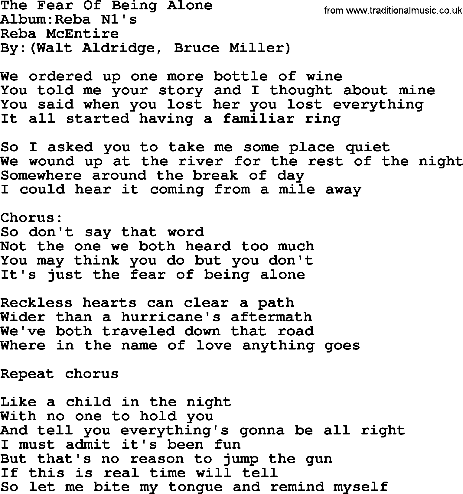 Reba McEntire song: The Fear Of Being Alone lyrics