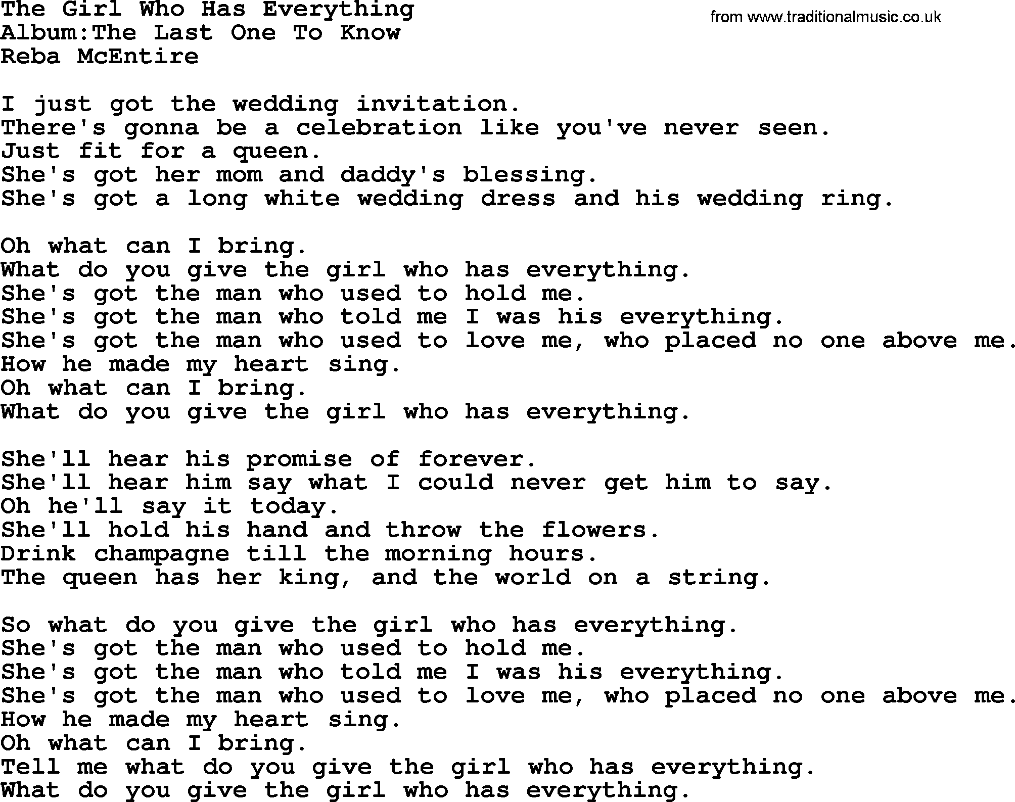 Reba McEntire song: The Girl Who Has Everything lyrics