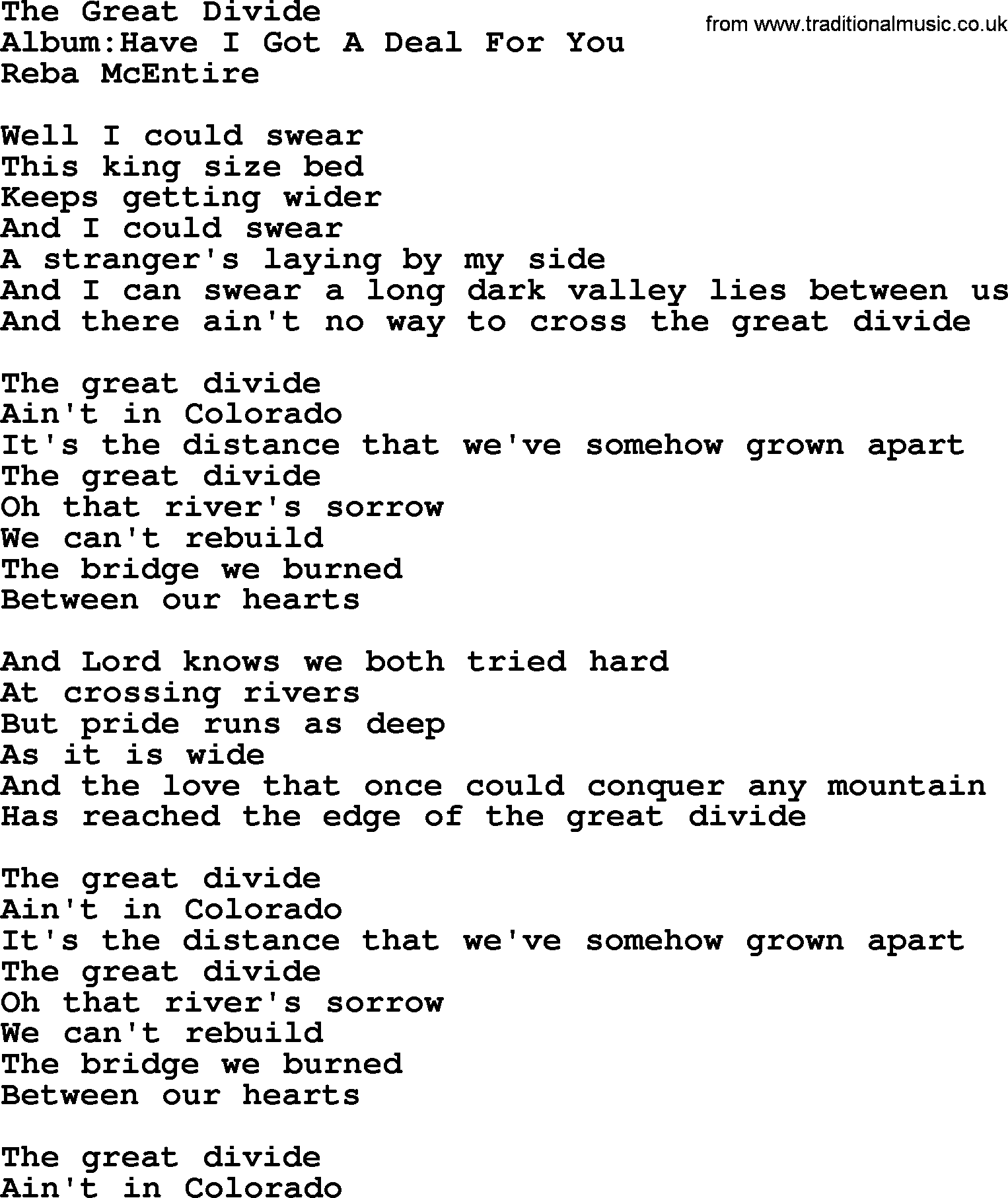Reba McEntire song: The Great Divide lyrics