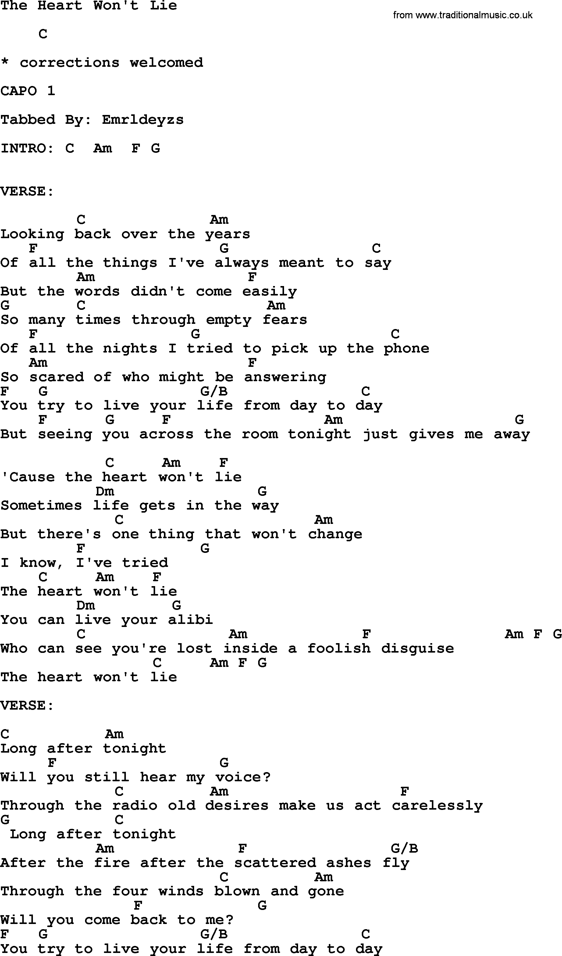 Reba McEntire song: The Heart Won't Lie, lyrics and chords