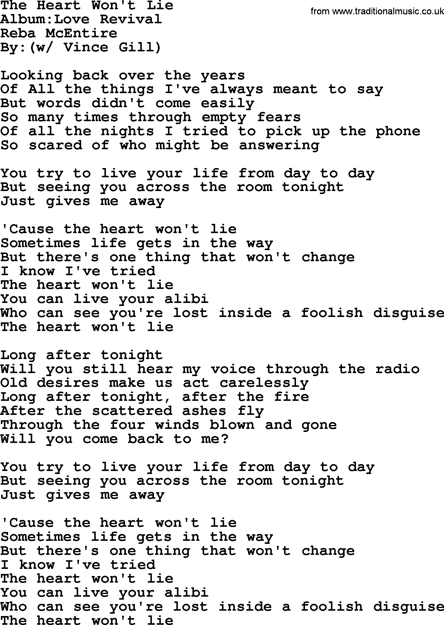 Reba McEntire song: The Heart Won't Lie lyrics