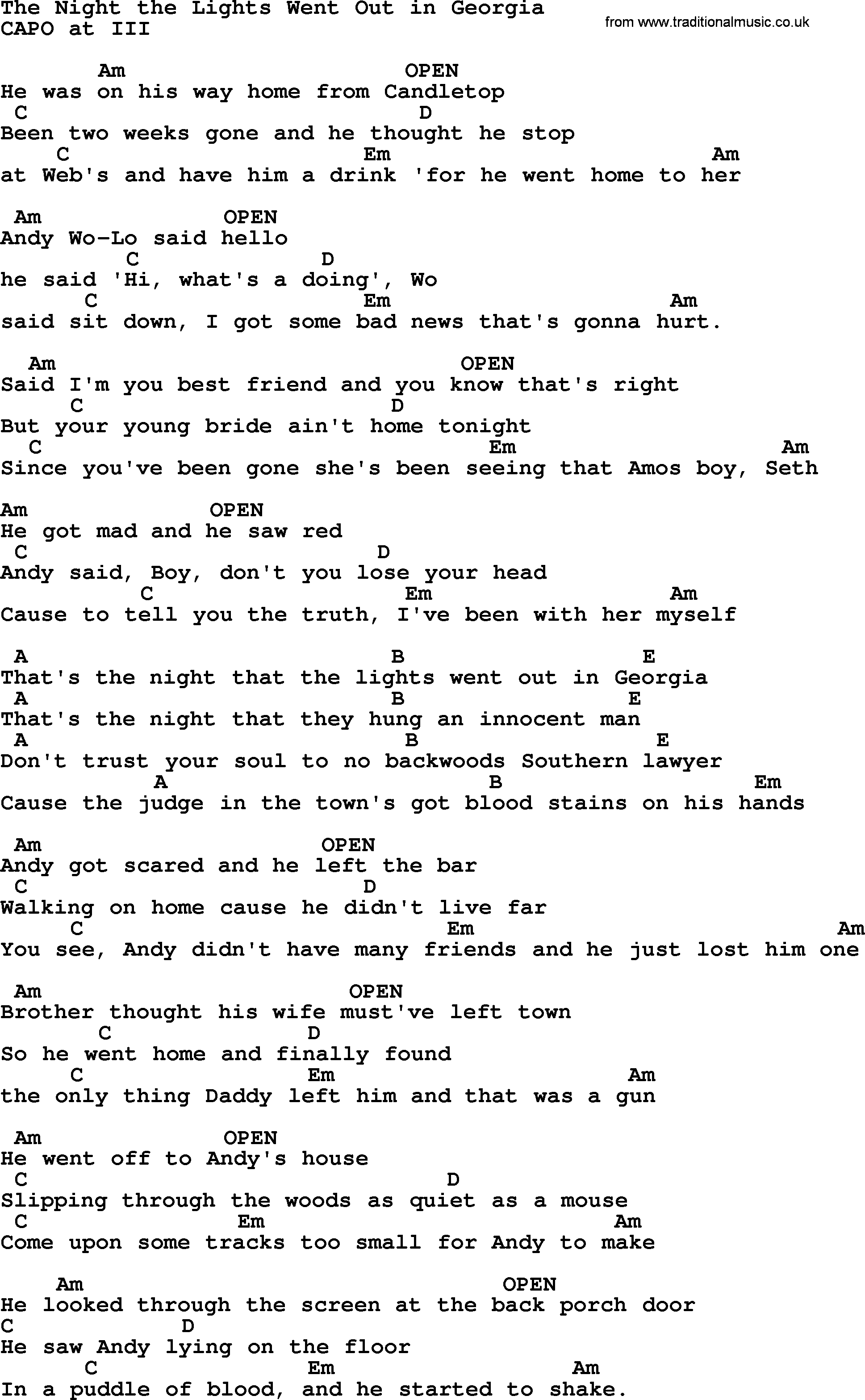 Reba McEntire song: The Night the Lights Went Out in Georgia, lyrics and chords