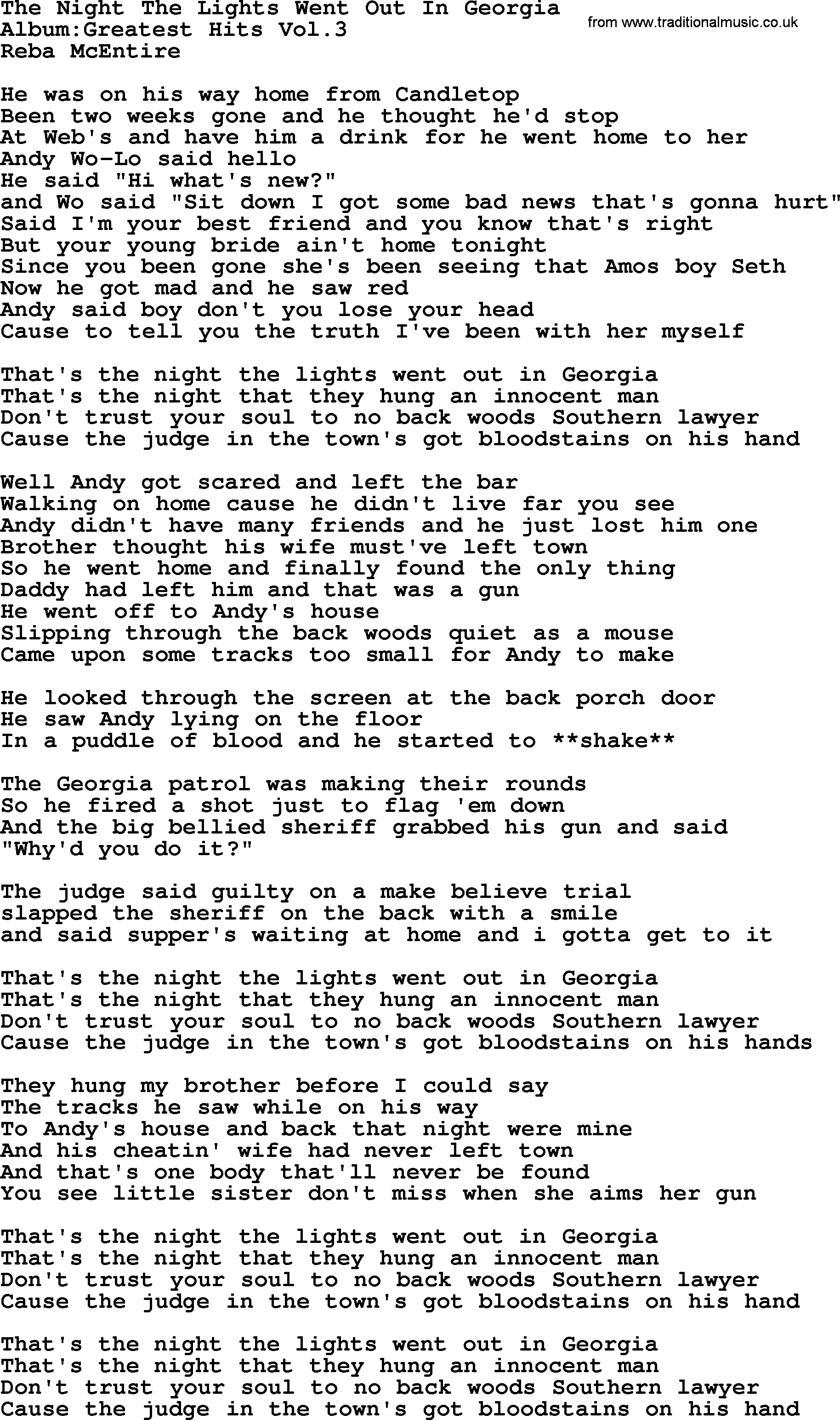 Reba McEntire song: The Night The Lights Went Out In Georgia lyrics