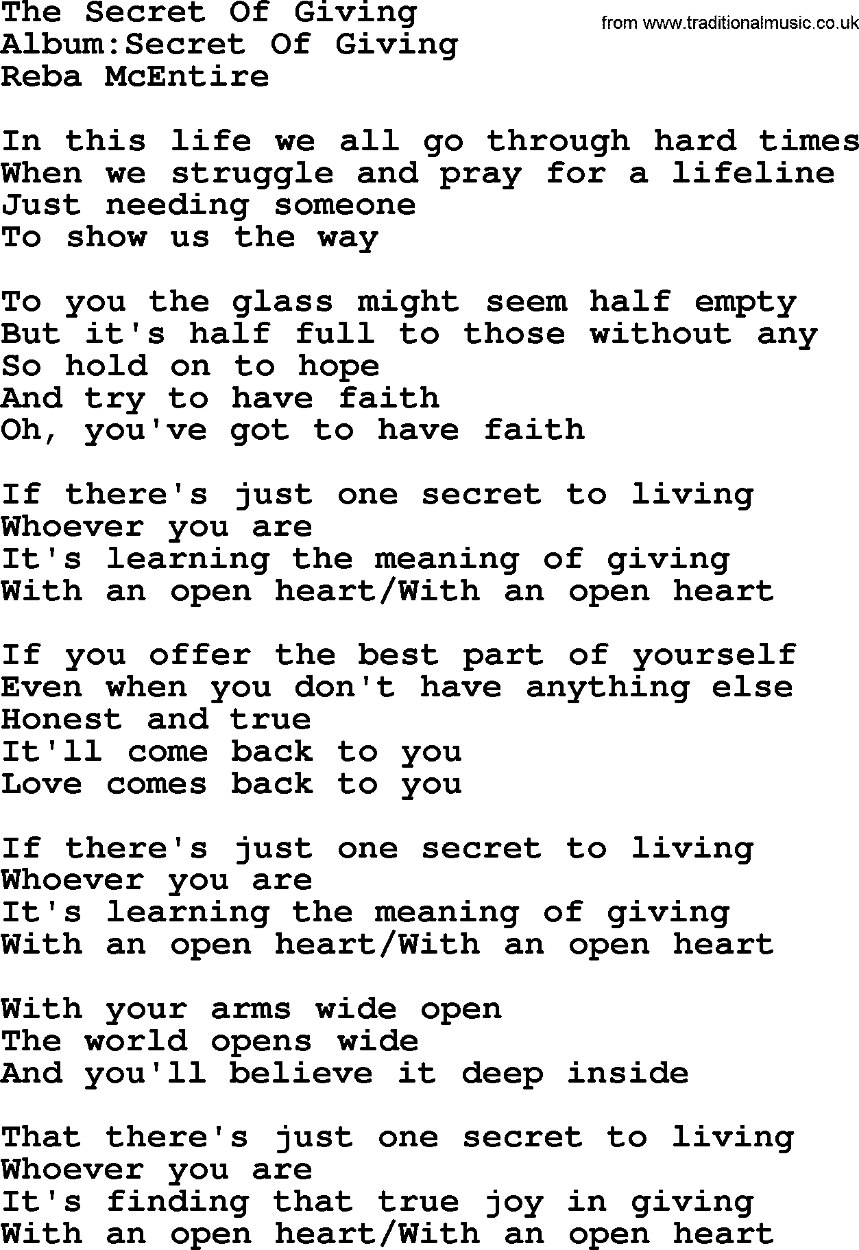 Reba McEntire song: The Secret Of Giving lyrics