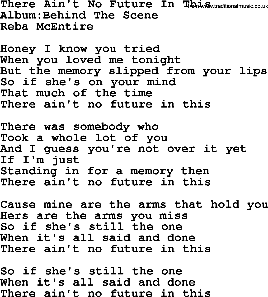 Reba McEntire song: There Ain't No Future In This lyrics