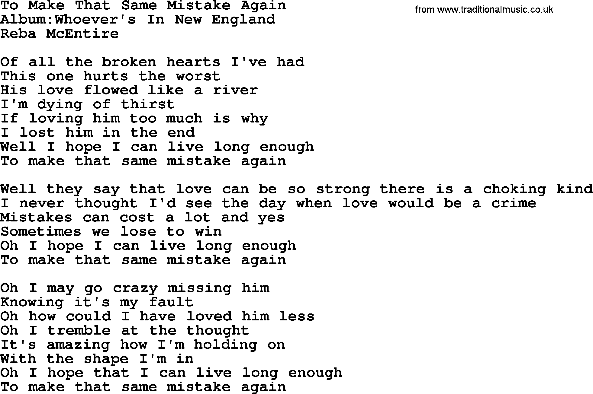Reba McEntire song: To Make That Same Mistake Again lyrics