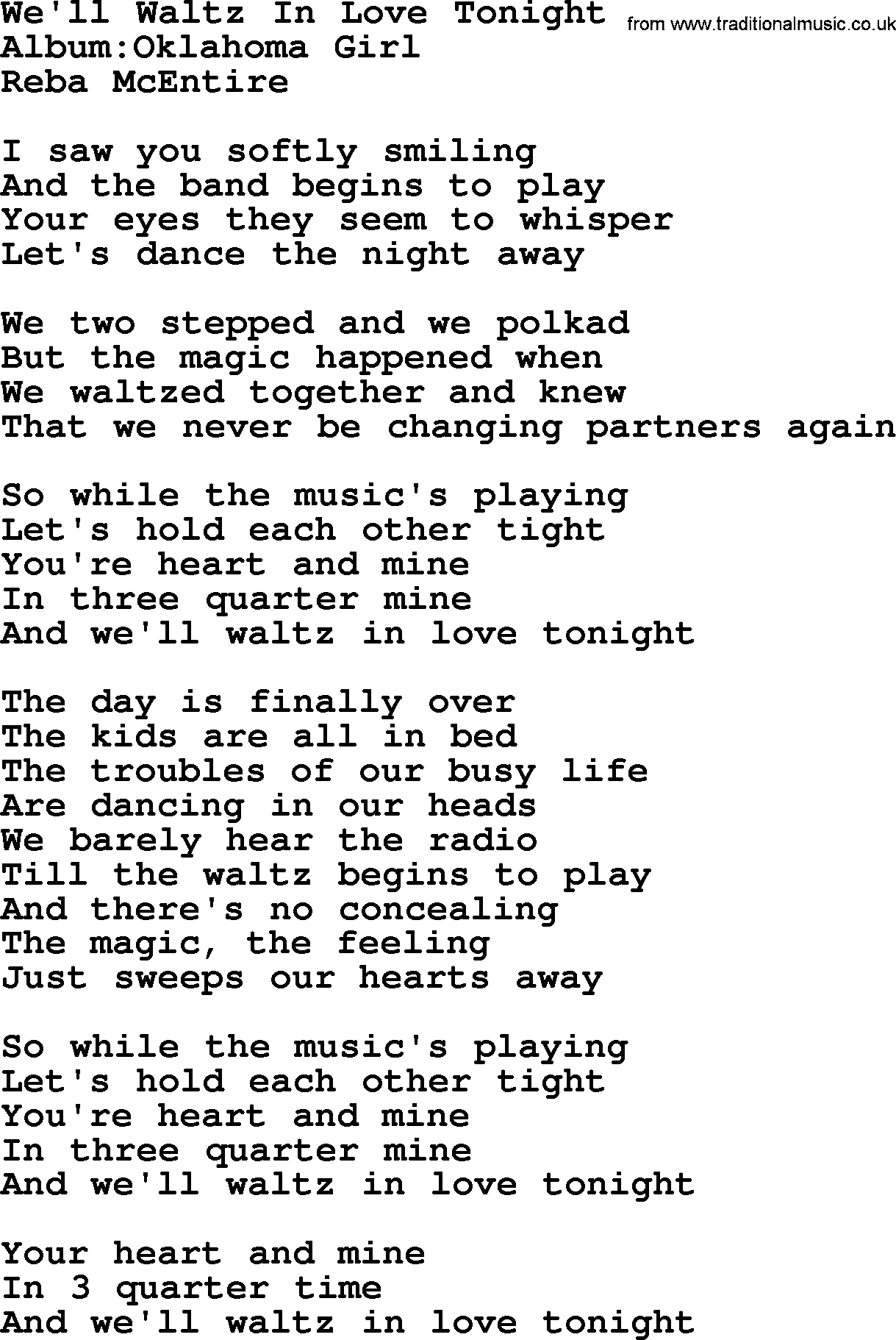 Reba McEntire song: We'll Waltz In Love Tonight lyrics
