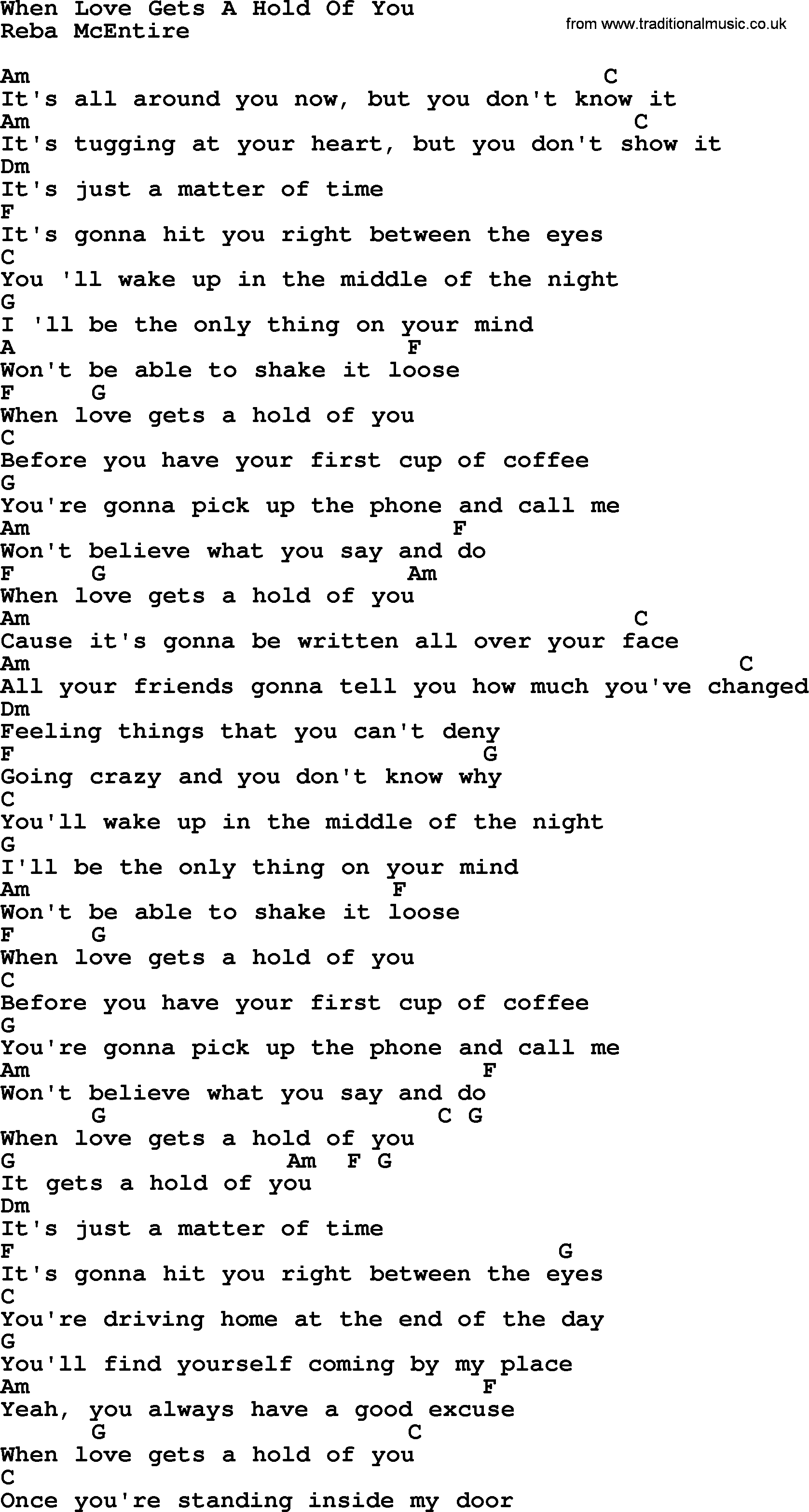 Reba McEntire song: When Love Gets A Hold Of You, lyrics and chords