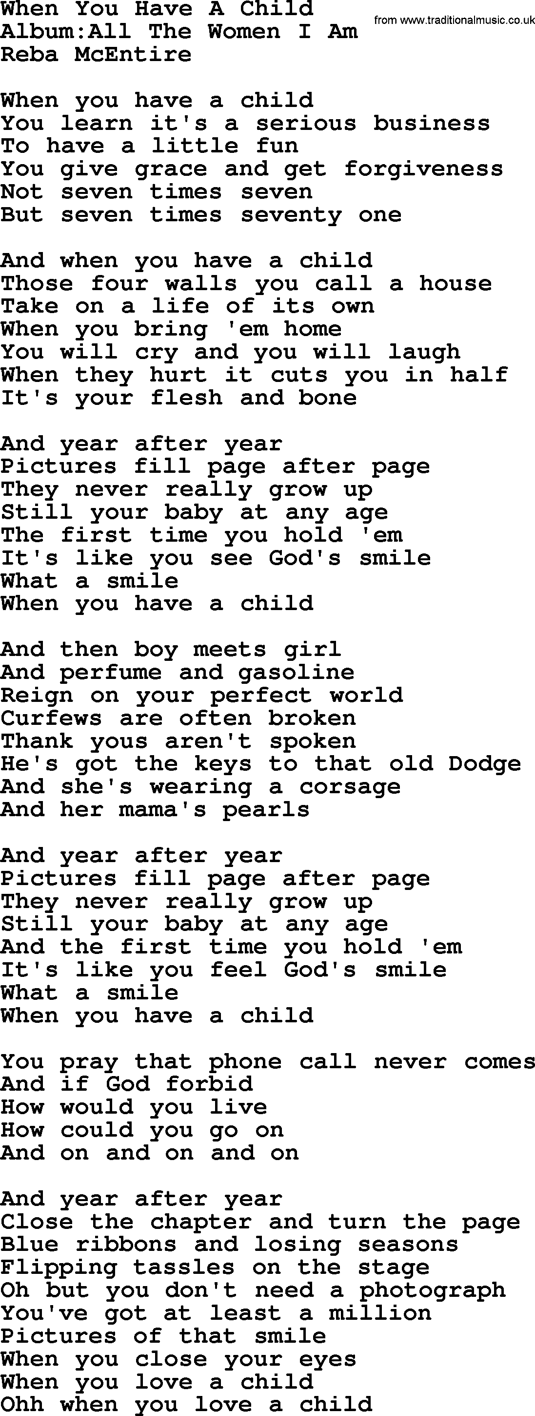 Reba McEntire song: When You Have A Child lyrics