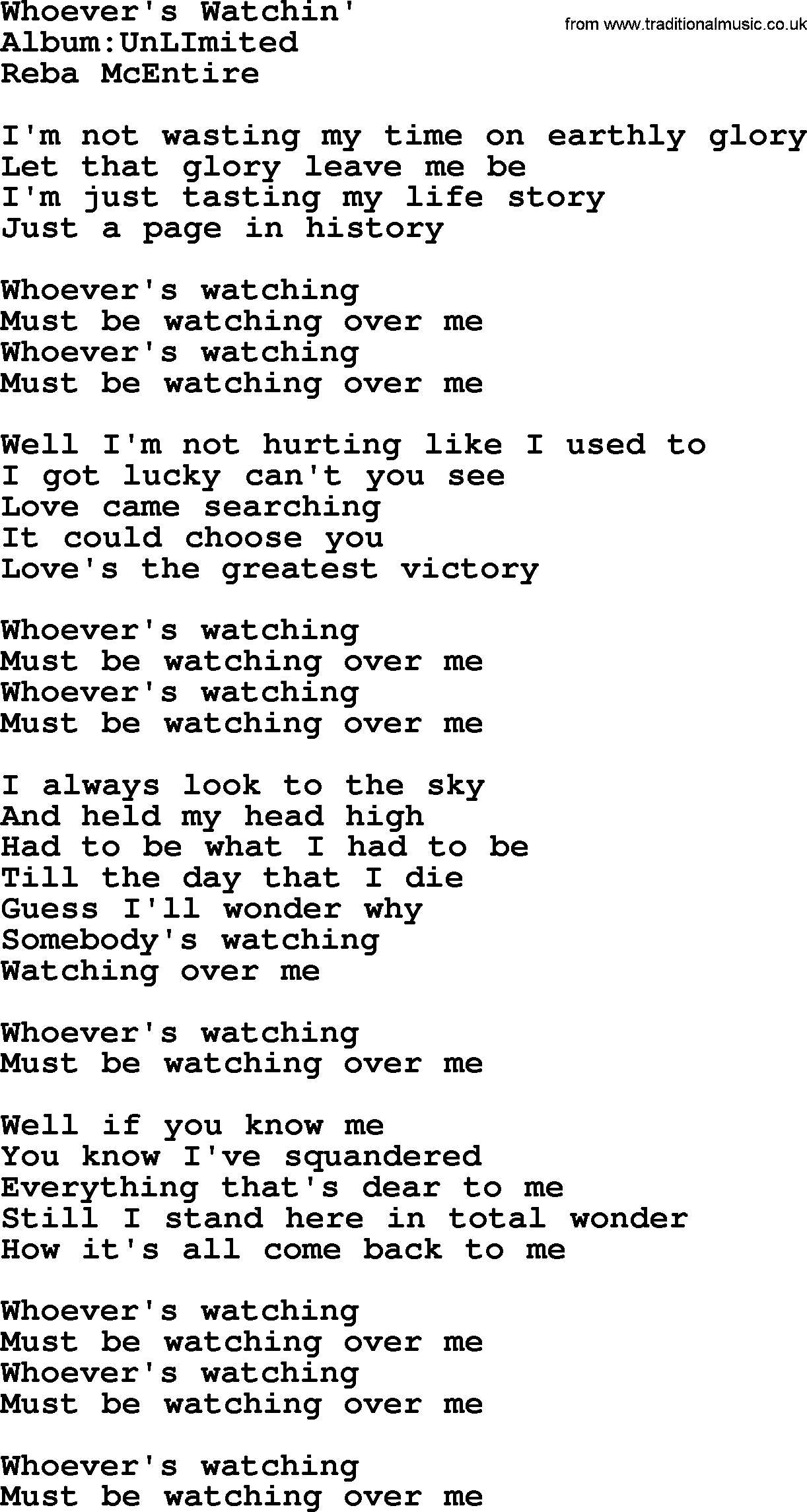 Reba McEntire song: Whoever's Watchin' lyrics