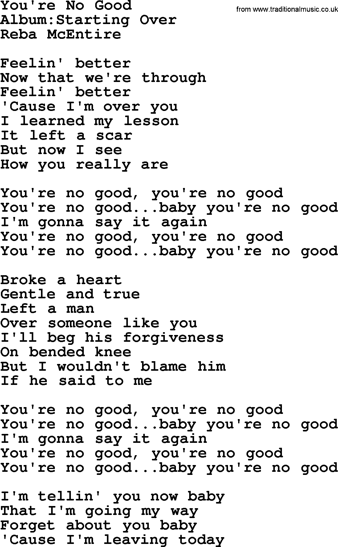 Reba McEntire song: You're No Good lyrics