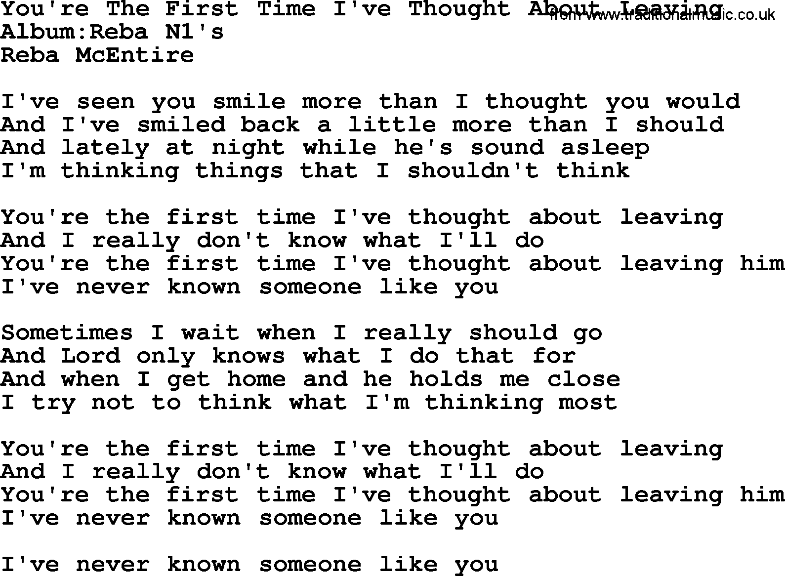 Reba McEntire song: You're The First Time I've Thought About Leaving lyrics