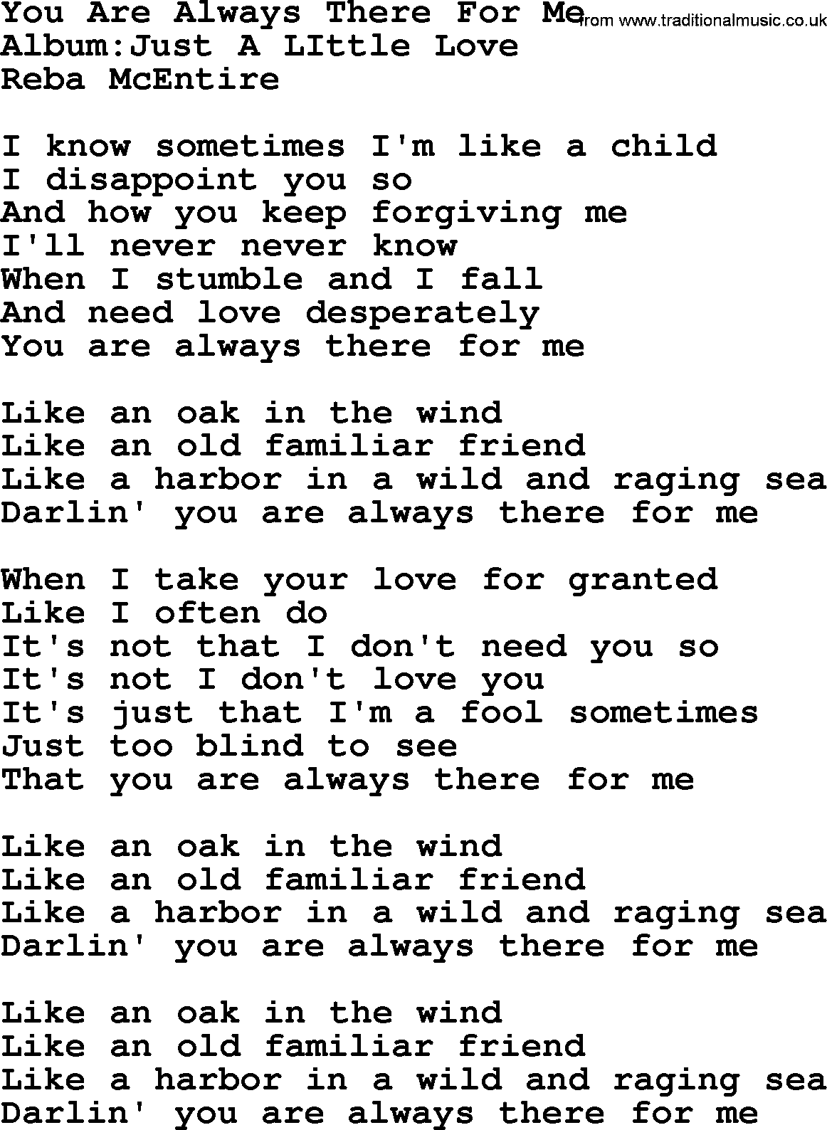 Reba McEntire song: You Are Always There For Me lyrics