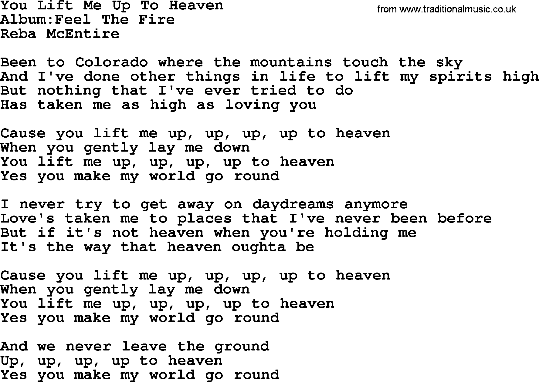 Reba McEntire song: You Lift Me Up To Heaven lyrics