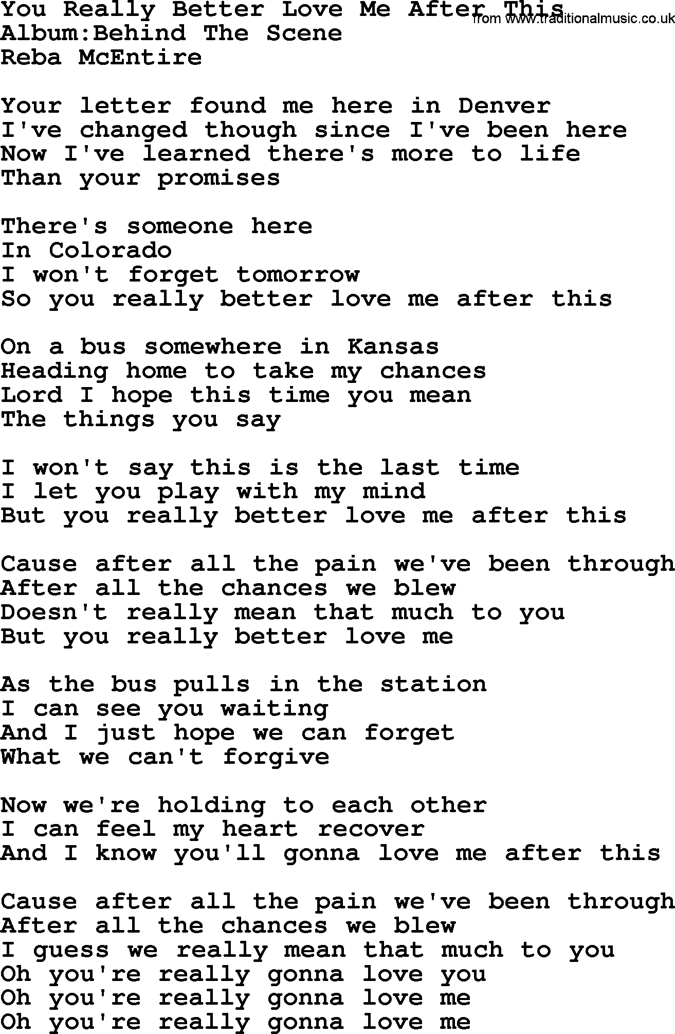 Reba McEntire song: You Really Better Love Me After This lyrics