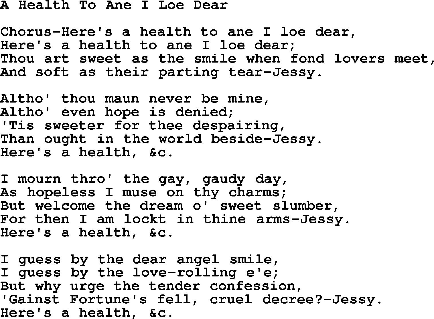 Robert Burns Songs & Lyrics: A Health To Ane I Loe Dear
