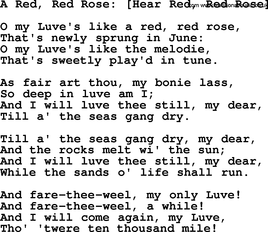 Robert Burns Songs & Lyrics: A Red, Red Rose [hear Red, Red Rose]